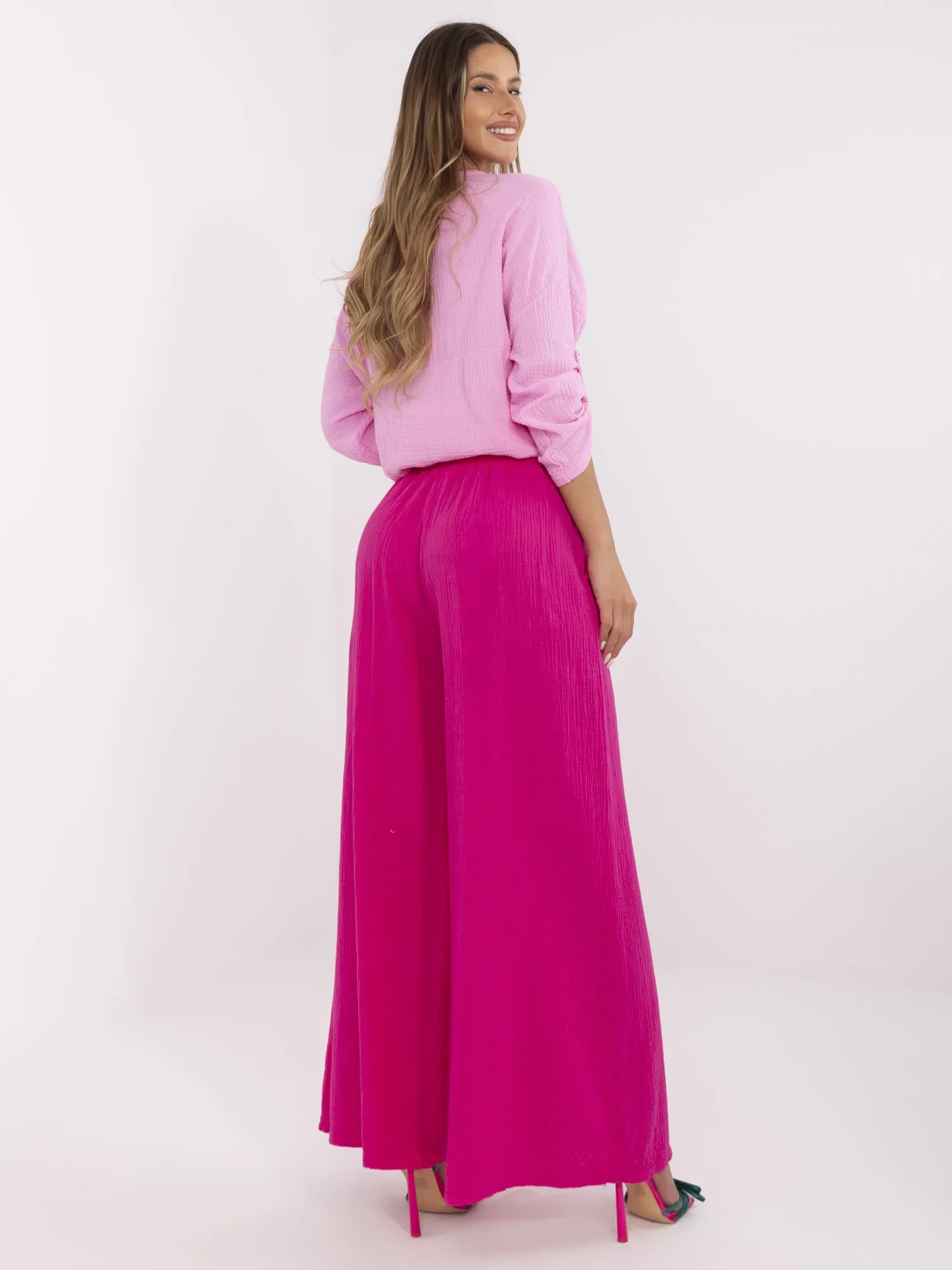 Pantaloni Dama Larga, Guler inalt, ITALY MODA, Fucsia Casual - imagine 2
