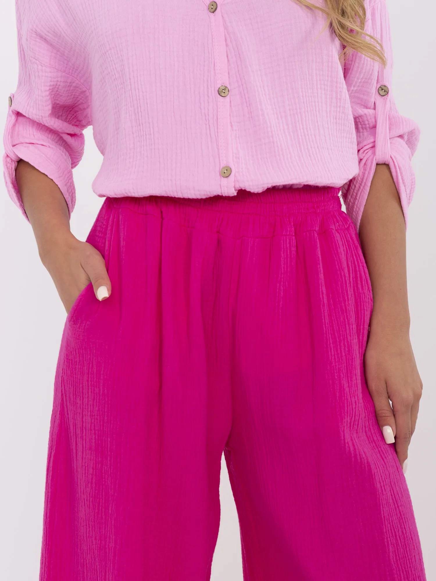 Pantaloni Dama Larga, Guler inalt, ITALY MODA, Fucsia Casual - imagine 4