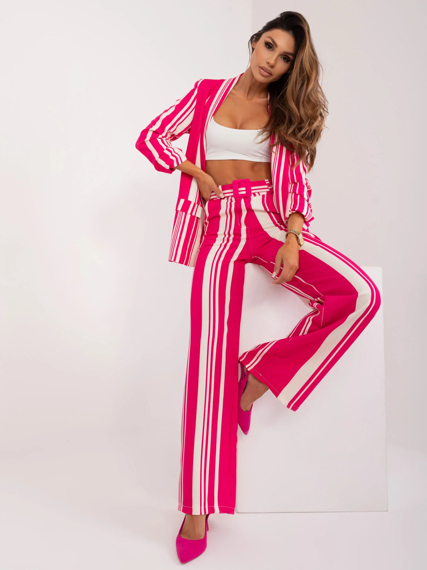 Pantaloni Dama Dungi, Elegant, ITALY MODA, Fucsia de Petrecere Marimi Mari - imagine 4