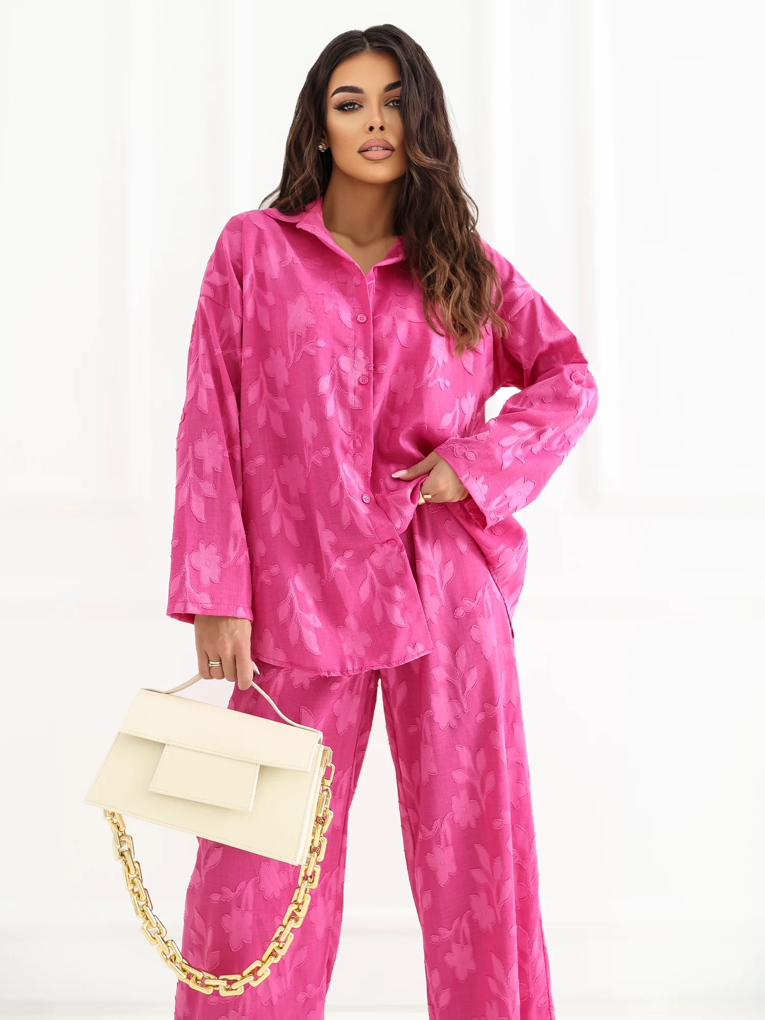 Compleu Dama Maneca lunga, Guler inalt, RUE PARIS, Fucsia - Image 8