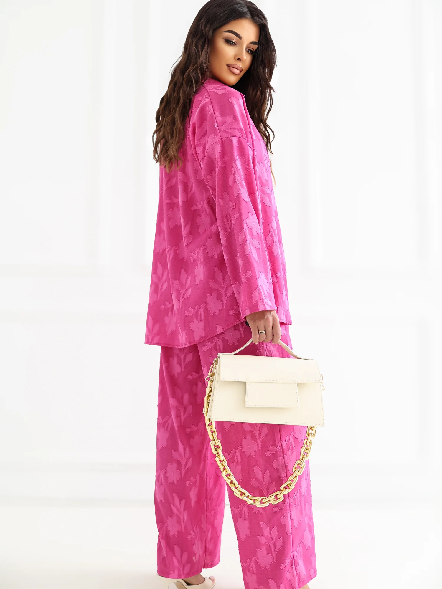 Compleu Dama Maneca lunga, Guler inalt, RUE PARIS, Fucsia - Image 5
