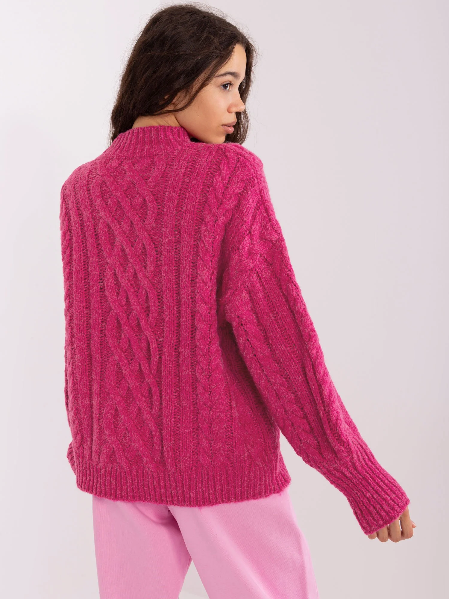 Pulover Dama Guler inalt, Acril, Wool Fashion Italia, Fucsia Casual - Image 6