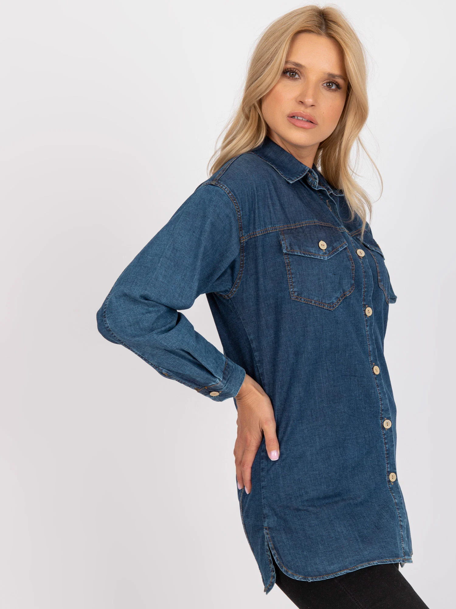 Camasa Dama Maneca lunga, Decolteu cu guler, RUE PARIS, Albastru Casual - imagine 4