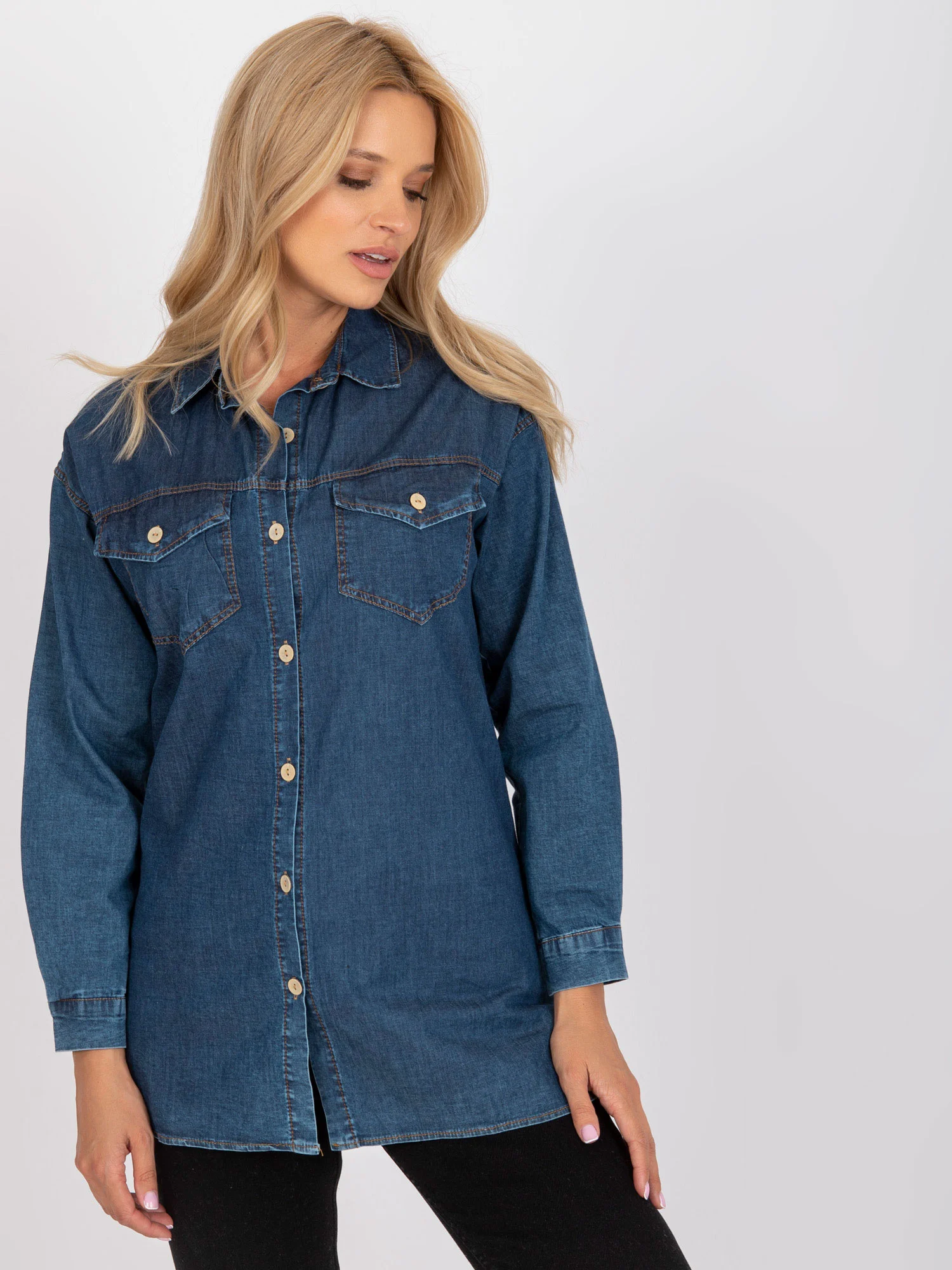 Camasa Dama Maneca lunga, Decolteu cu guler, RUE PARIS, Albastru Casual - imagine 5