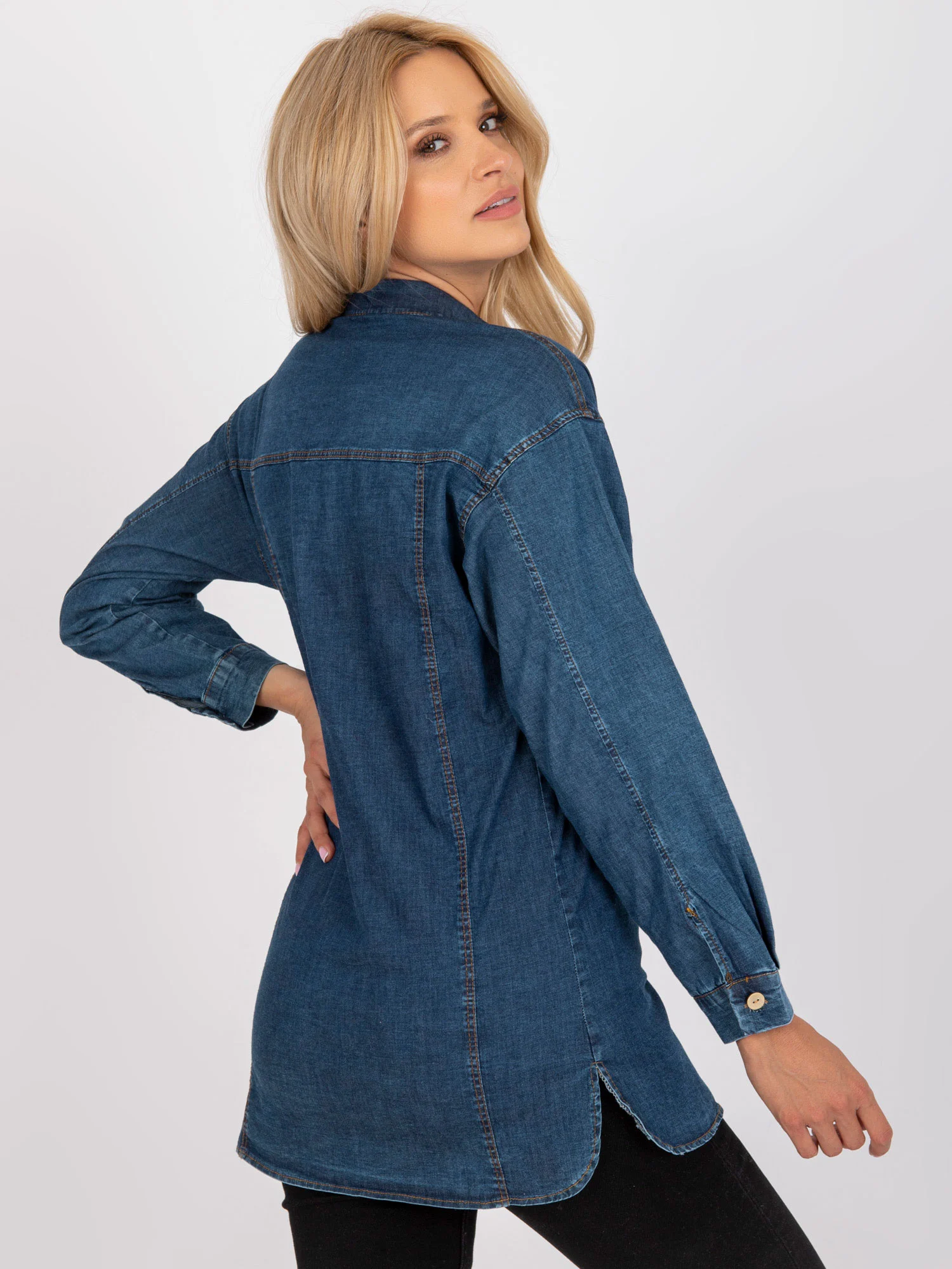 Camasa Dama Maneca lunga, Decolteu cu guler, RUE PARIS, Albastru Casual - imagine 3