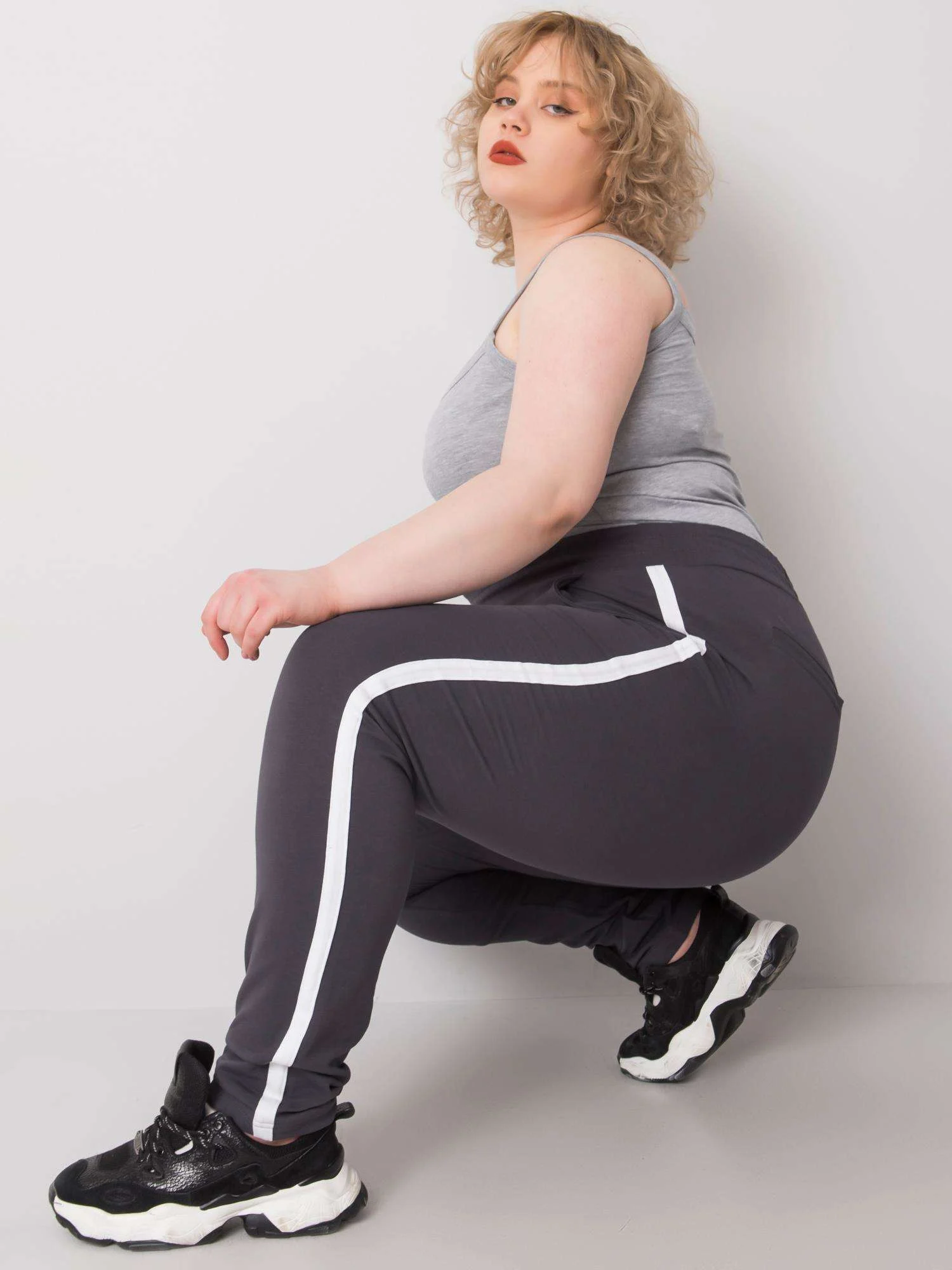 Pantaloni Trening Dama Lunga, Bumbac, BASIC FEEL GOOD, Grafit Casual Marimi Mari - imagine 2