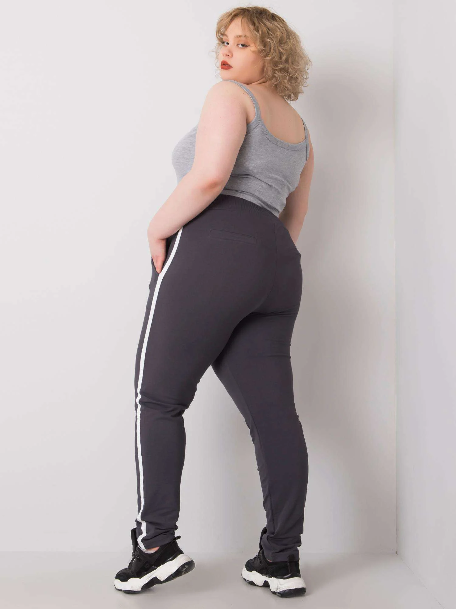 Pantaloni Trening Dama Lunga, Bumbac, BASIC FEEL GOOD, Grafit Casual Marimi Mari - imagine 3