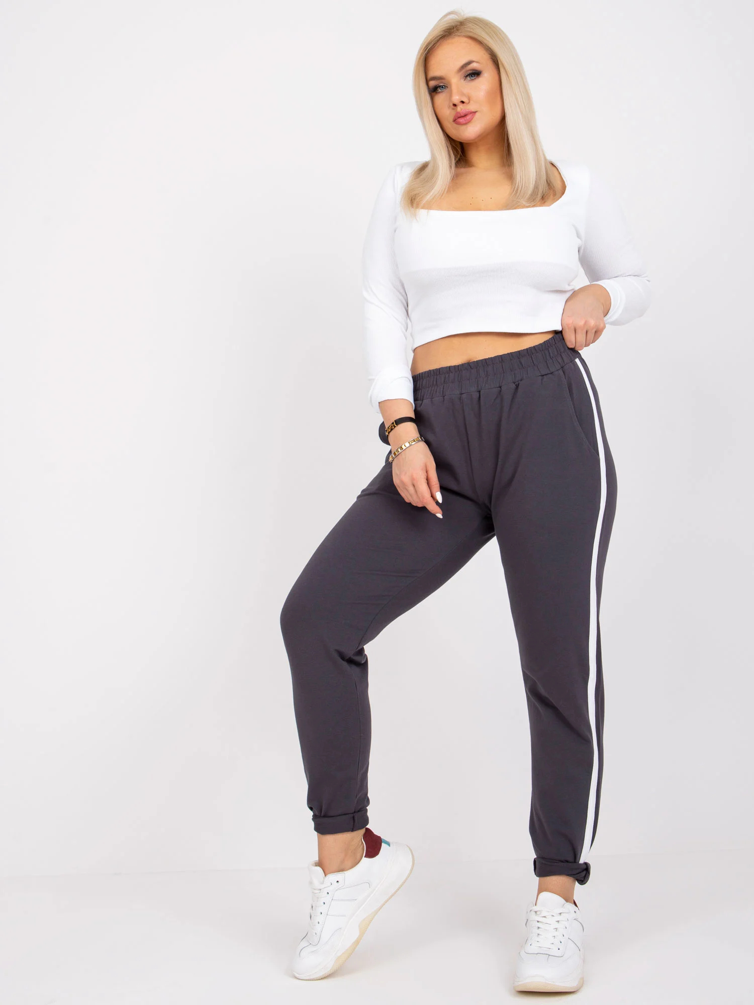 Pantaloni Trening Dama Lunga, Bumbac, BASIC FEEL GOOD, Grafit Casual Marimi Mari - imagine 4