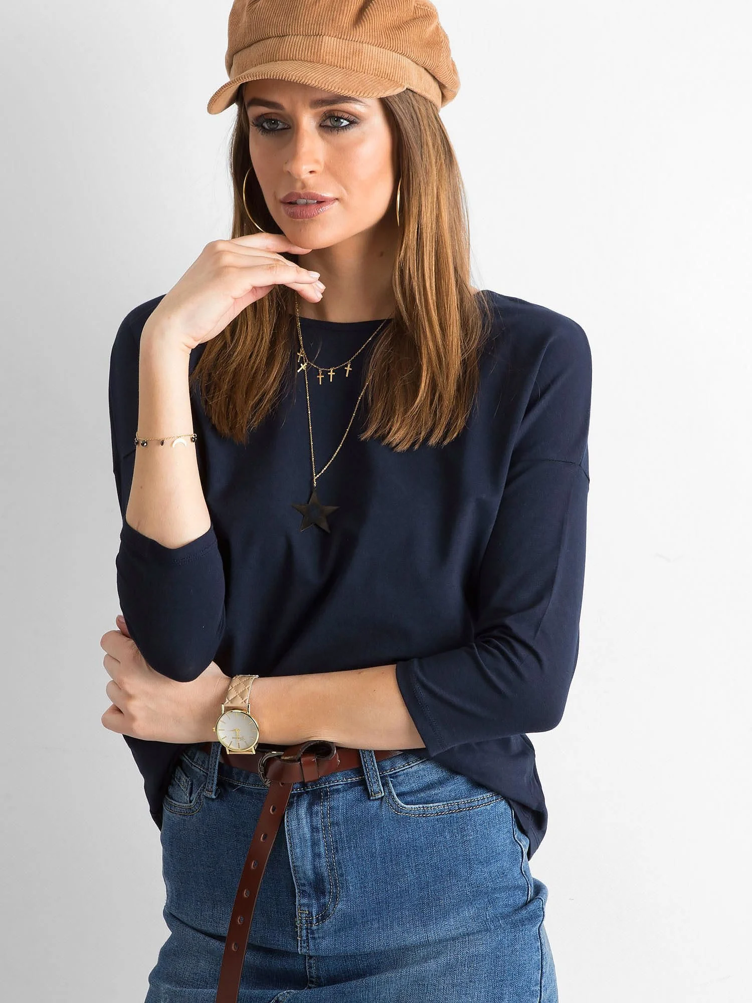 Bluza Dama Maneca 3/4, Decolteu barcuta, BASIC FEEL GOOD, Bleumarin Casual - imagine 2