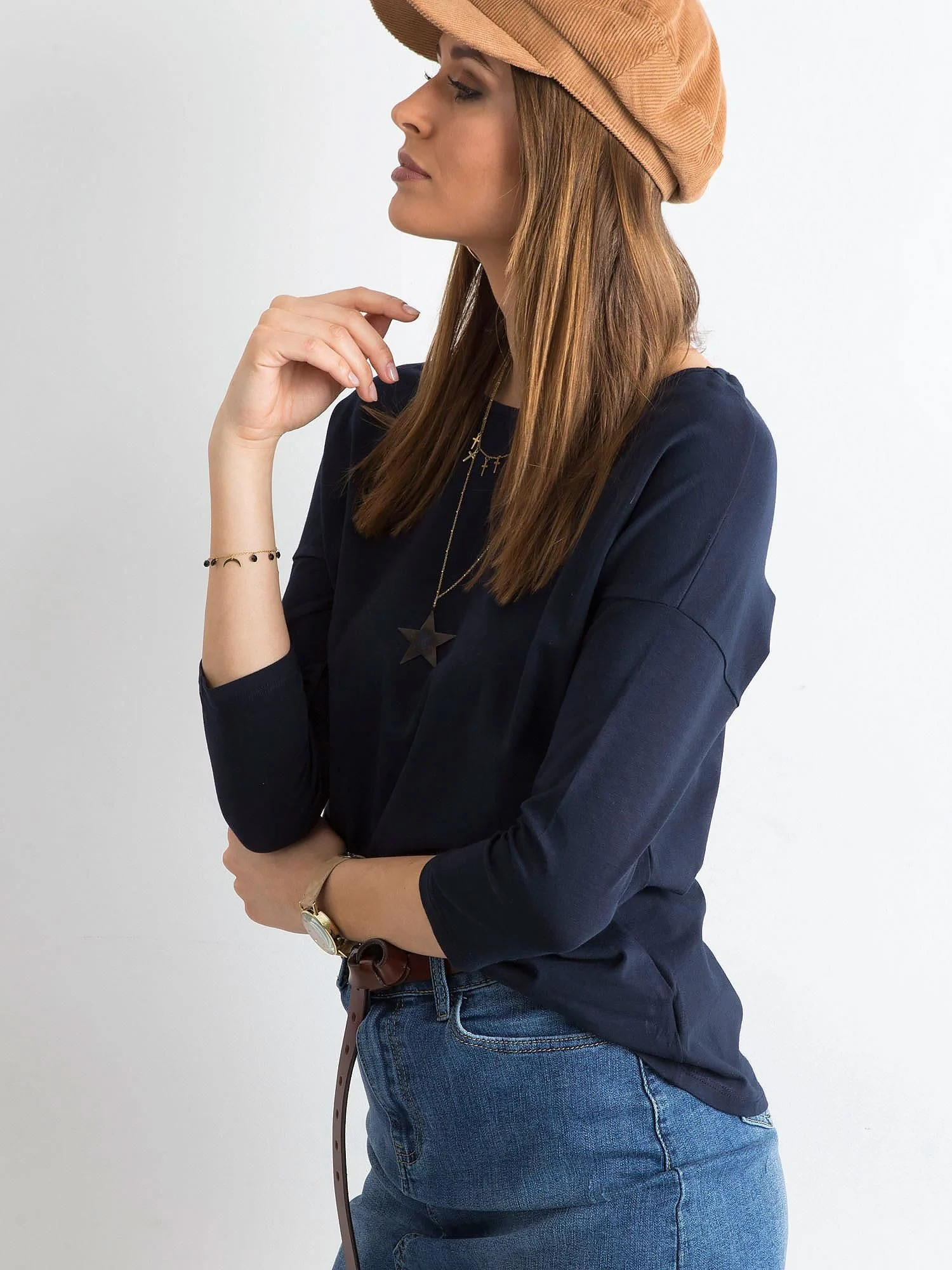 Bluza Dama Maneca 3/4, Decolteu barcuta, BASIC FEEL GOOD, Bleumarin Casual - imagine 5