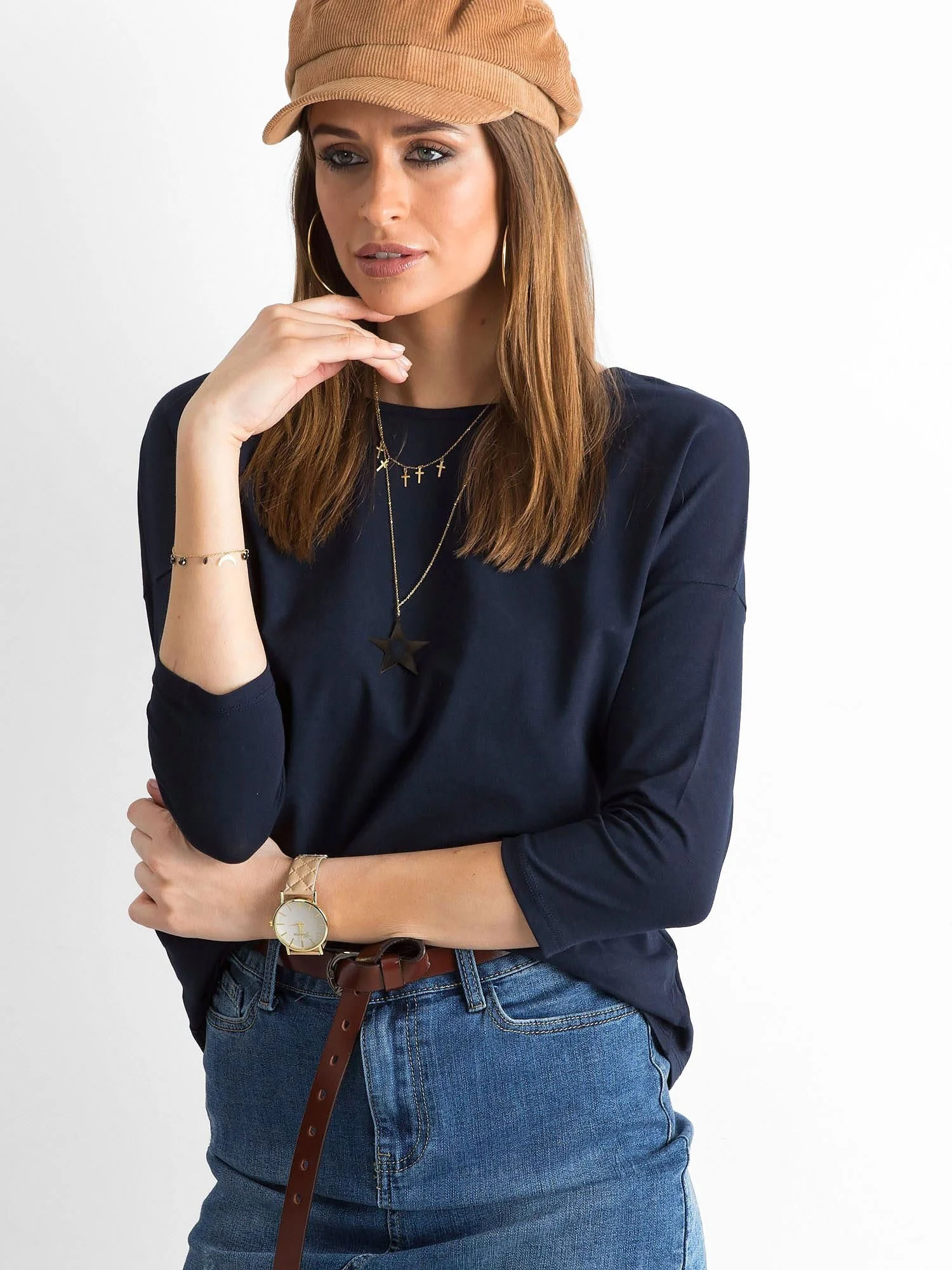 Bluza Dama Maneca 3/4, Decolteu barcuta, BASIC FEEL GOOD, Bleumarin Casual - imagine 6