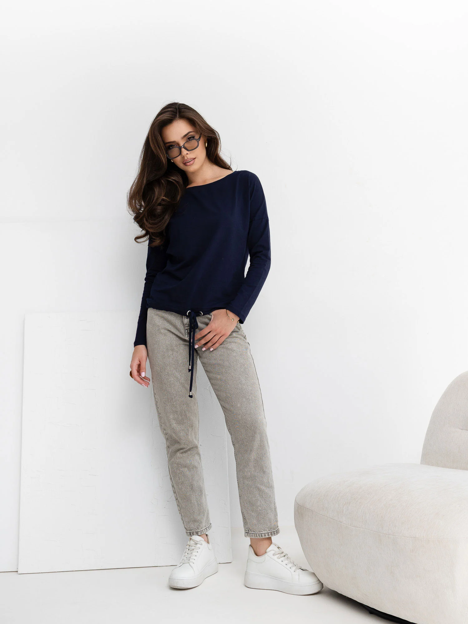 Bluza Dama Maneca 3/4, Decolteu barcuta, BASIC FEEL GOOD, Bleumarin Casual - imagine 3