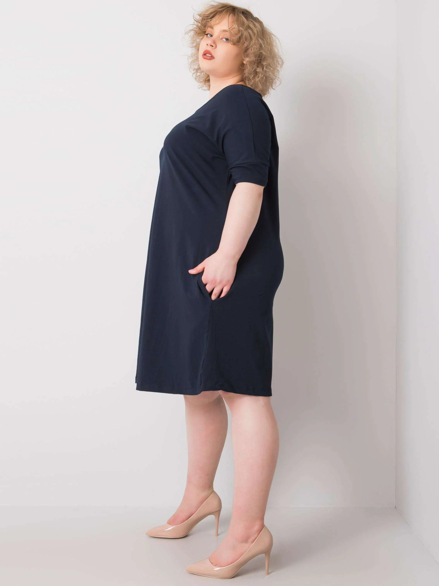 Rochie Dama Midi, Decolteu rotund, BASIC FEEL GOOD, Bleumarin Eleganta Office Marimi Mari - imagine 4