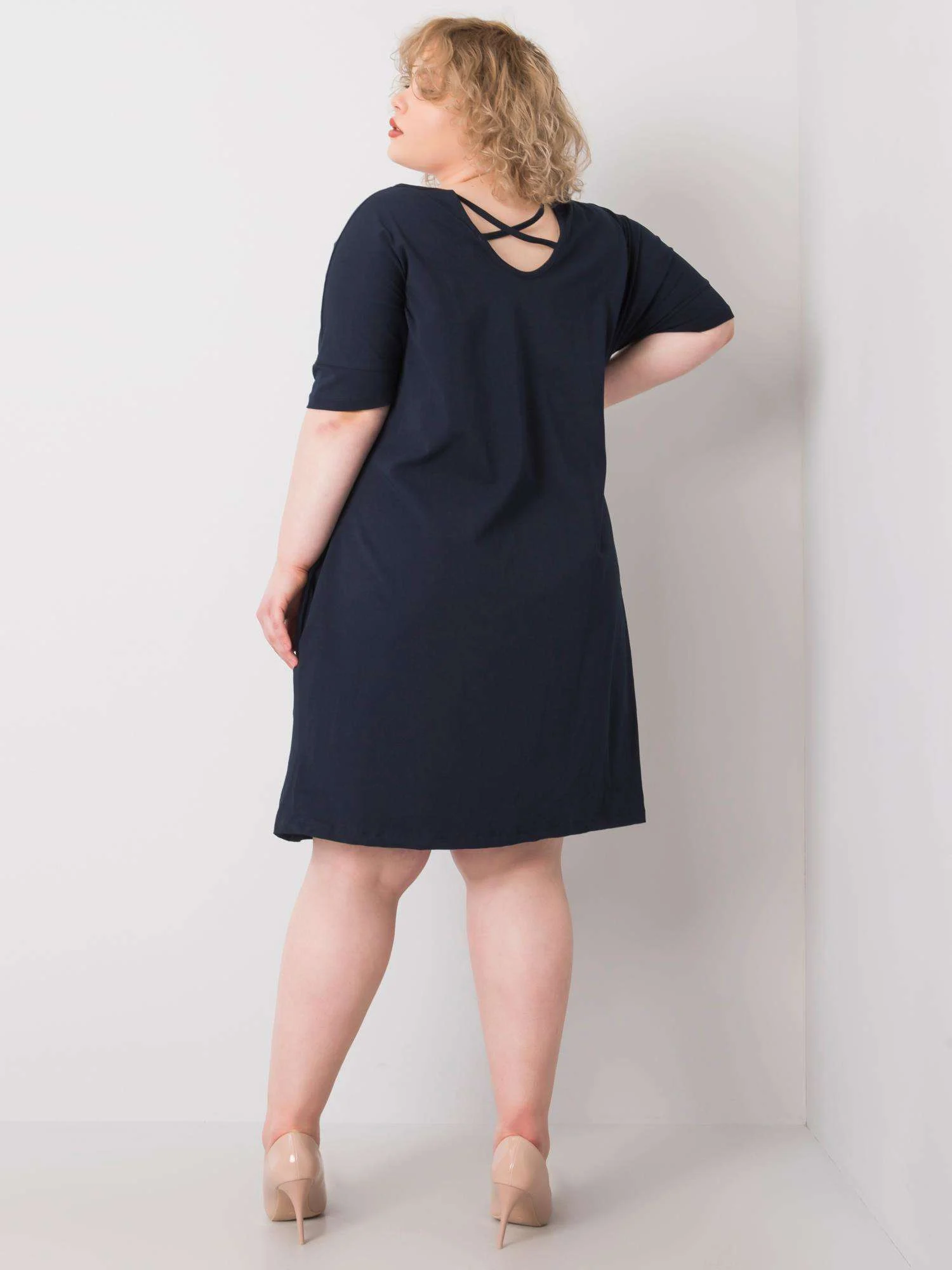 Rochie Dama Midi, Decolteu rotund, BASIC FEEL GOOD, Bleumarin Eleganta Office Marimi Mari - imagine 5