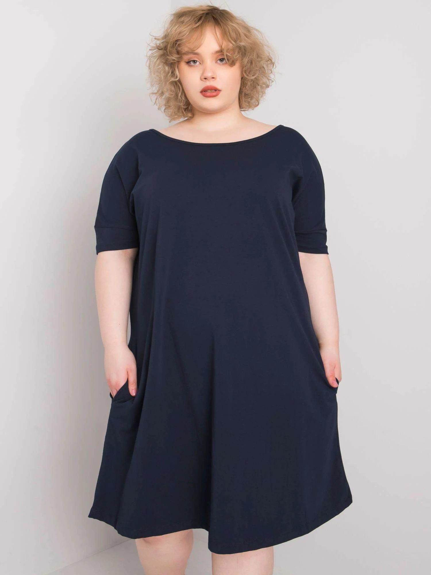 Rochie Dama Midi, Decolteu rotund, BASIC FEEL GOOD, Bleumarin Eleganta Office Marimi Mari - imagine 2