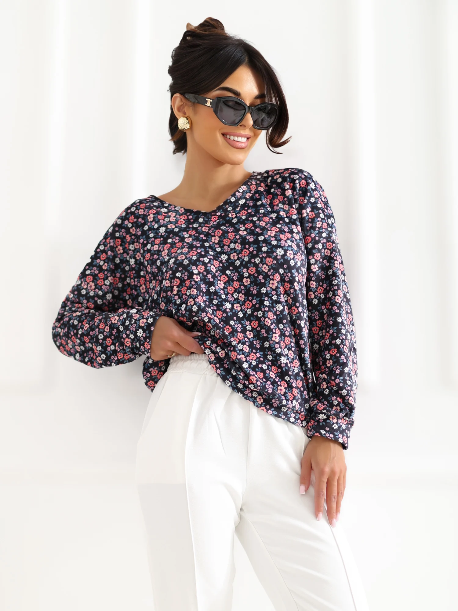 Bluza Dama Maneca lunga, Floral, RUE PARIS, Bleumarin Eleganta Office - imagine 5