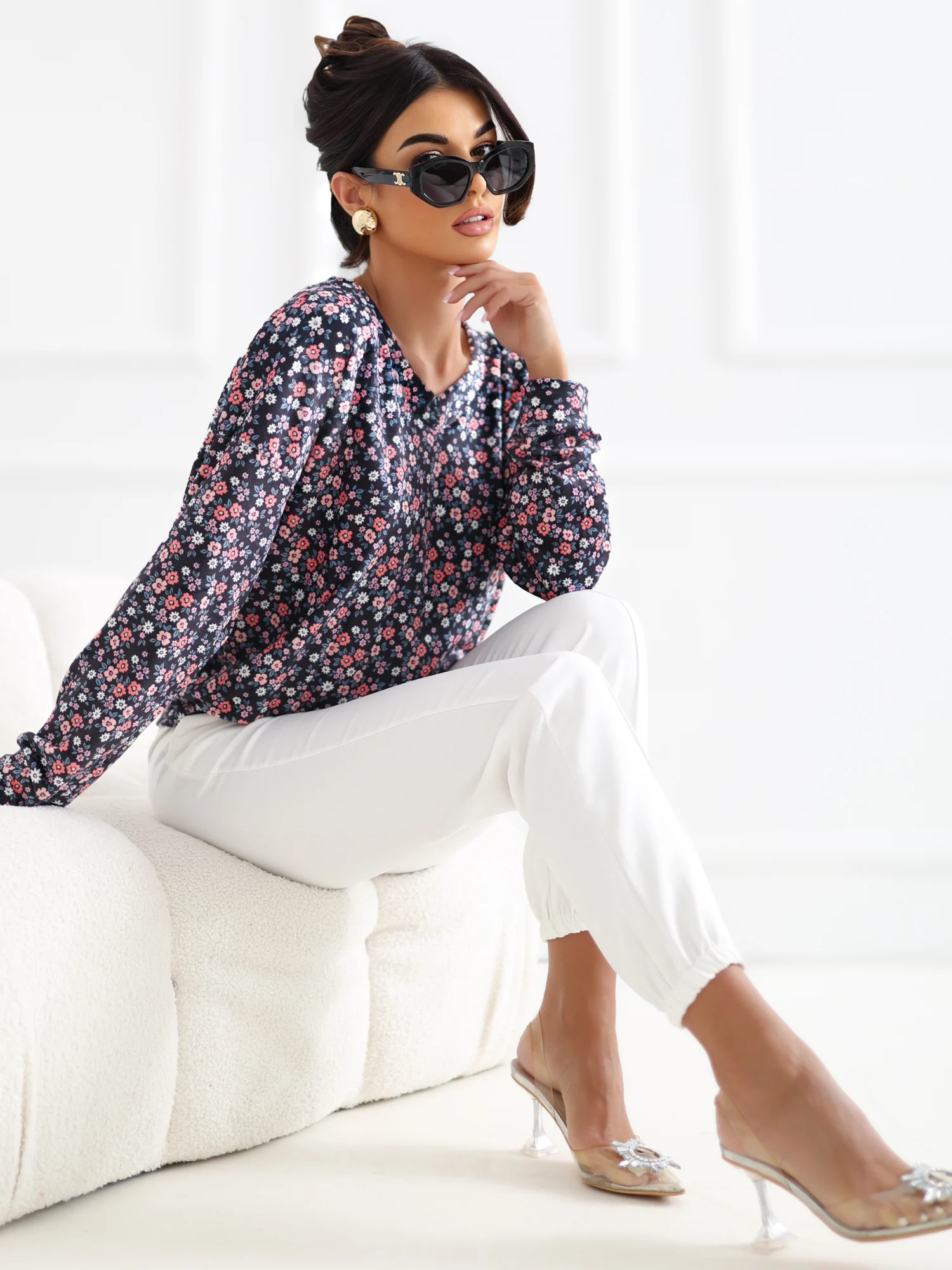 Bluza Dama Maneca lunga, Floral, RUE PARIS, Bleumarin Eleganta Office - imagine 2