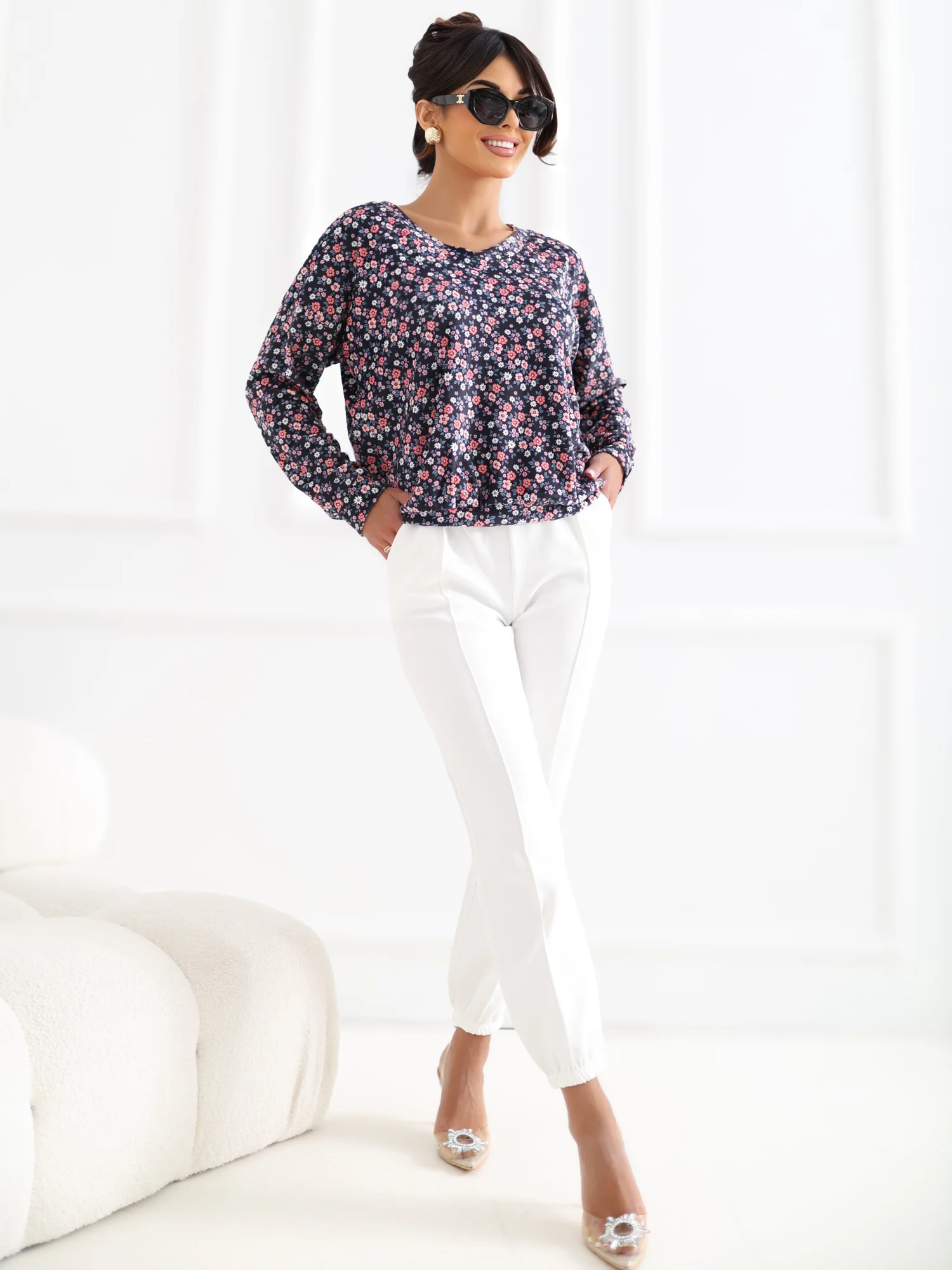 Bluza Dama Maneca lunga, Floral, RUE PARIS, Bleumarin Eleganta Office - imagine 4
