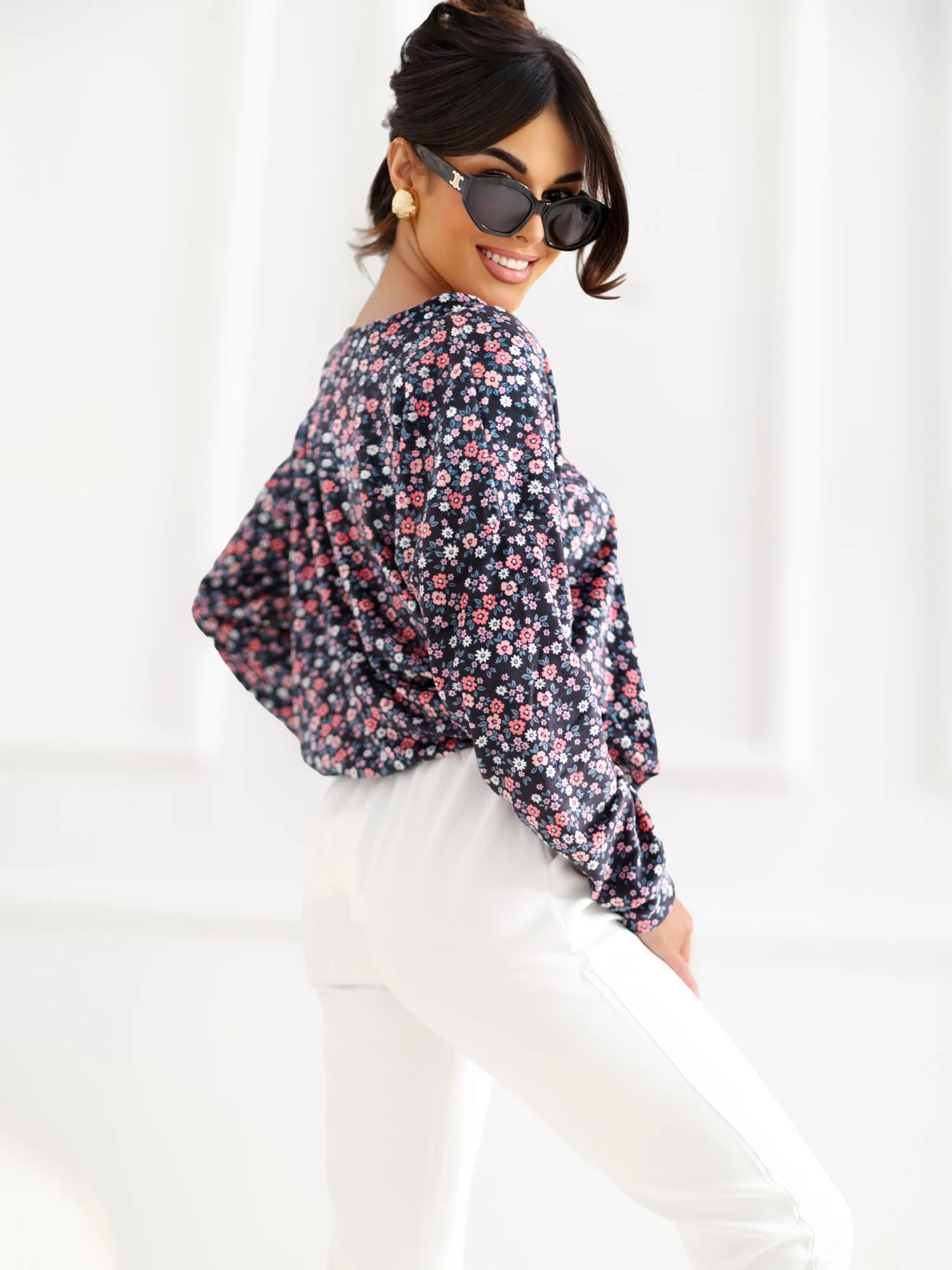 Bluza Dama Maneca lunga, Floral, RUE PARIS, Bleumarin Eleganta Office - imagine 3