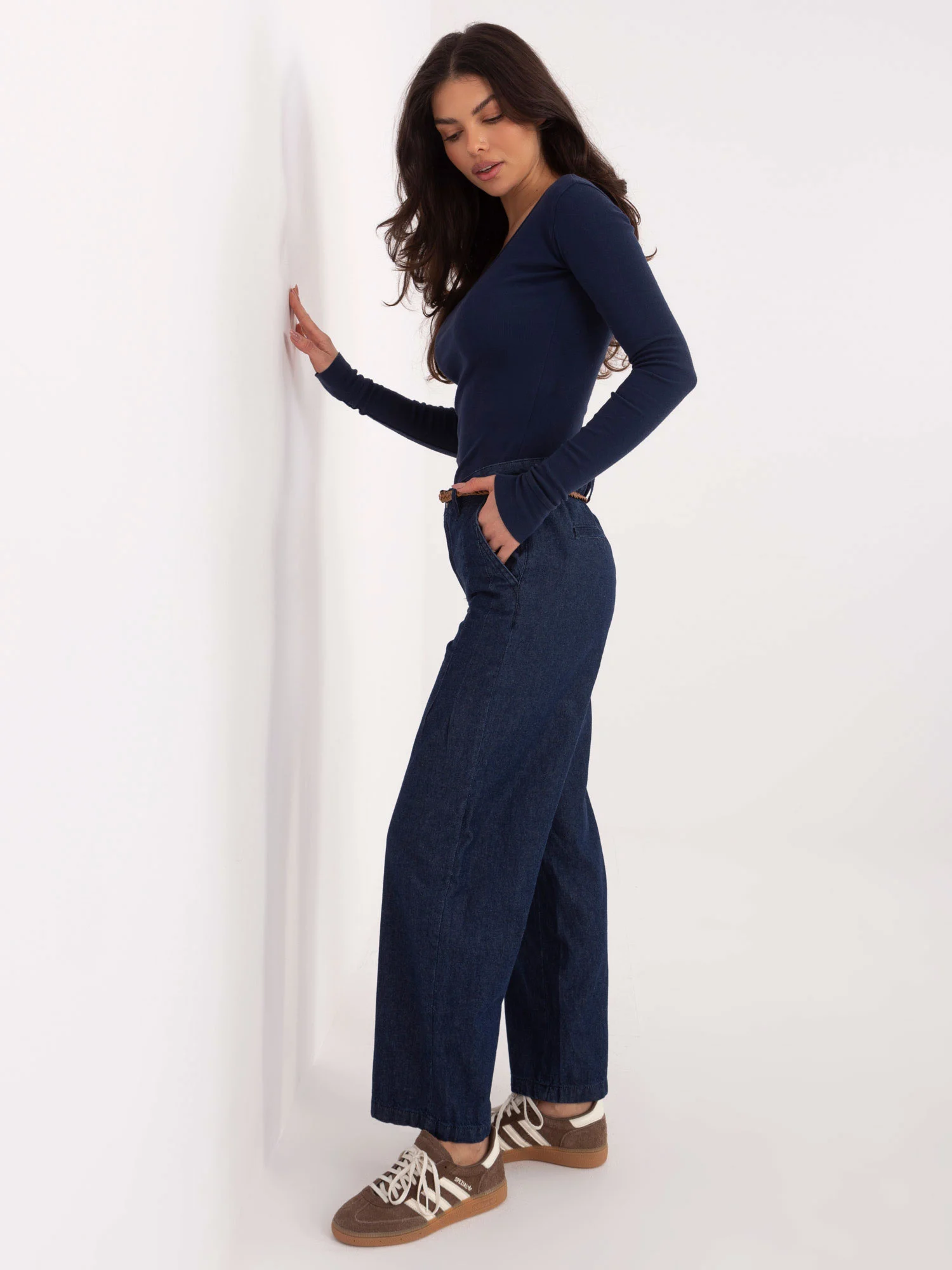 Pantaloni Dama Larga, Guler inalt, Sublevel, Bleumarin Casual Marimi Mari - imagine 3