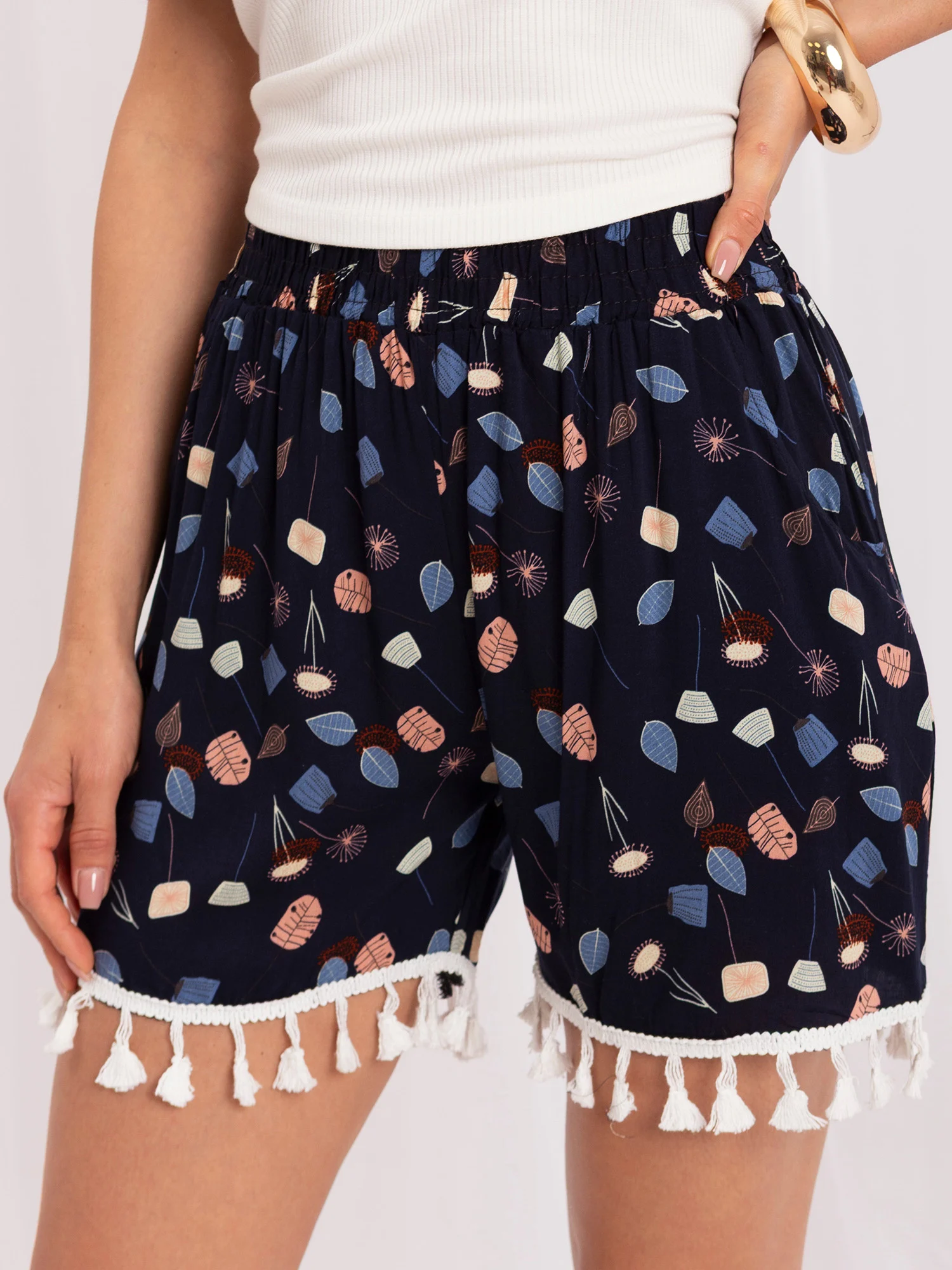Pantaloni Scurti Dama Boho, Guler inalt, We Are The World, Bleumarin Casual - imagine 5