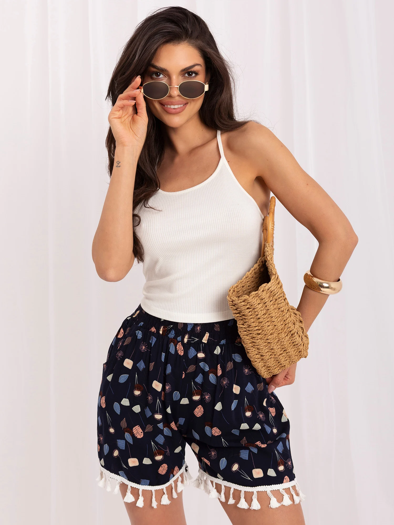 Pantaloni Scurti Dama Boho, Guler inalt, We Are The World, Bleumarin Casual - imagine 3