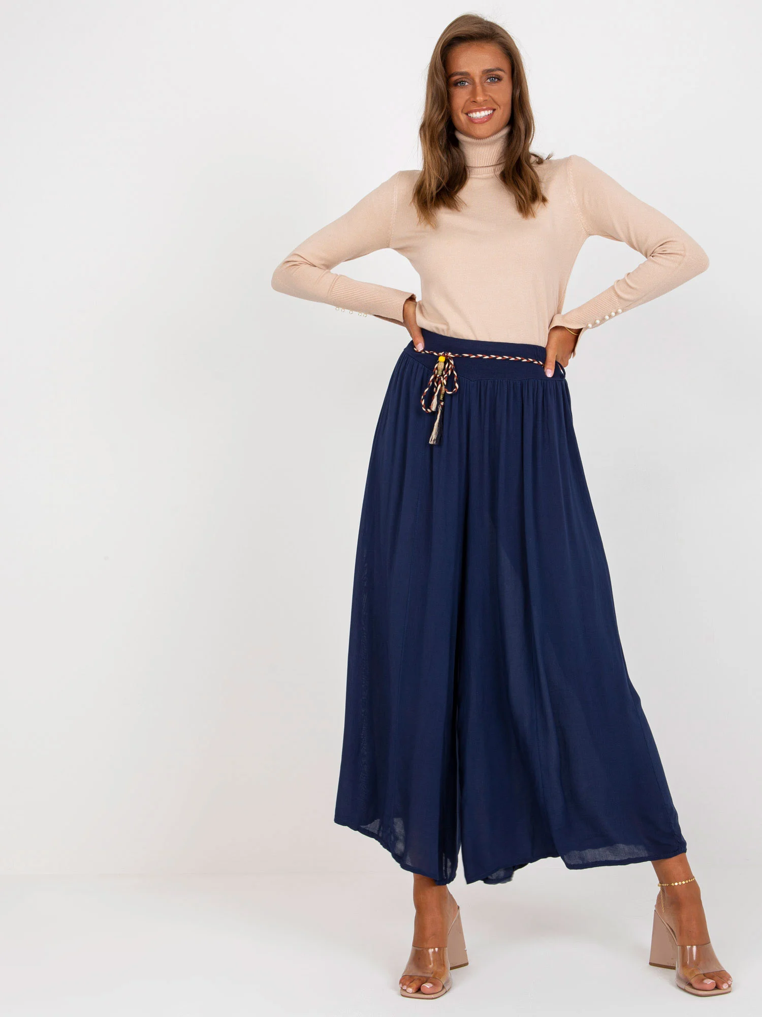 Pantaloni Dama Larga, Guler inalt, Och Bella, Bleumarin - Image 3