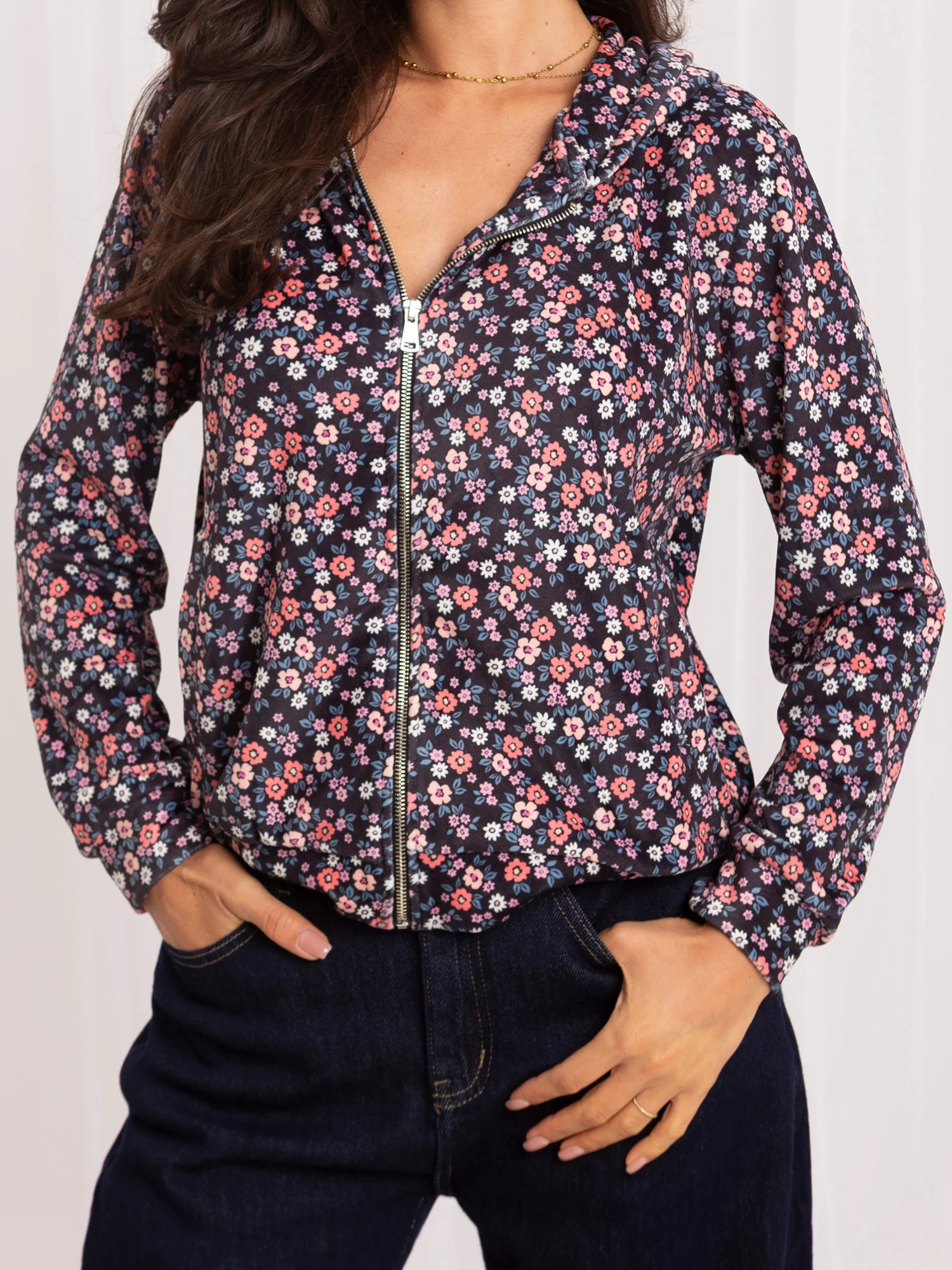 Hanorac Dama Maneca lunga, Floral, RUE PARIS, Bleumarin Casual - imagine 7