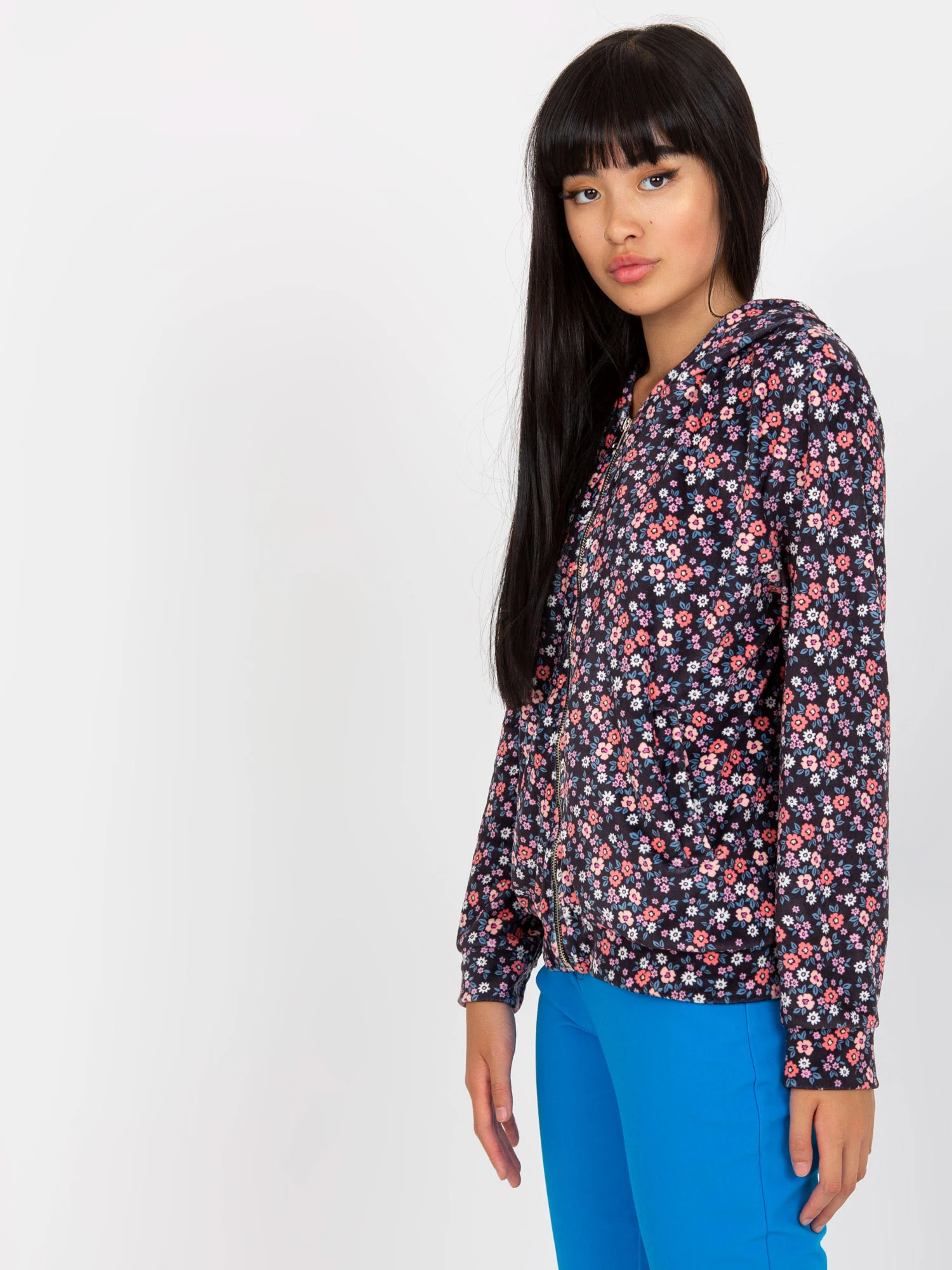 Hanorac Dama Maneca lunga, Floral, RUE PARIS, Bleumarin Casual - imagine 6