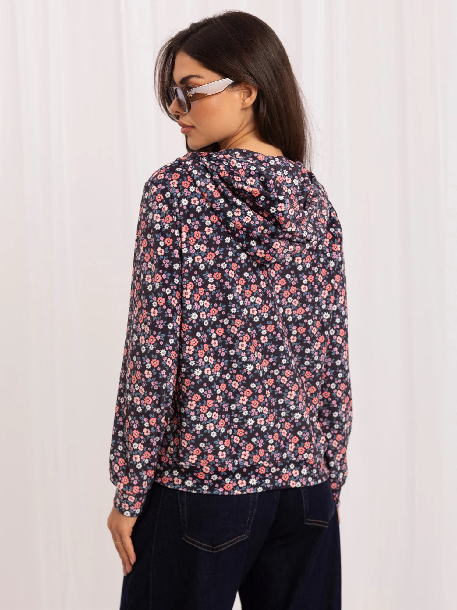 Hanorac Dama Maneca lunga, Floral, RUE PARIS, Bleumarin Casual - imagine 4
