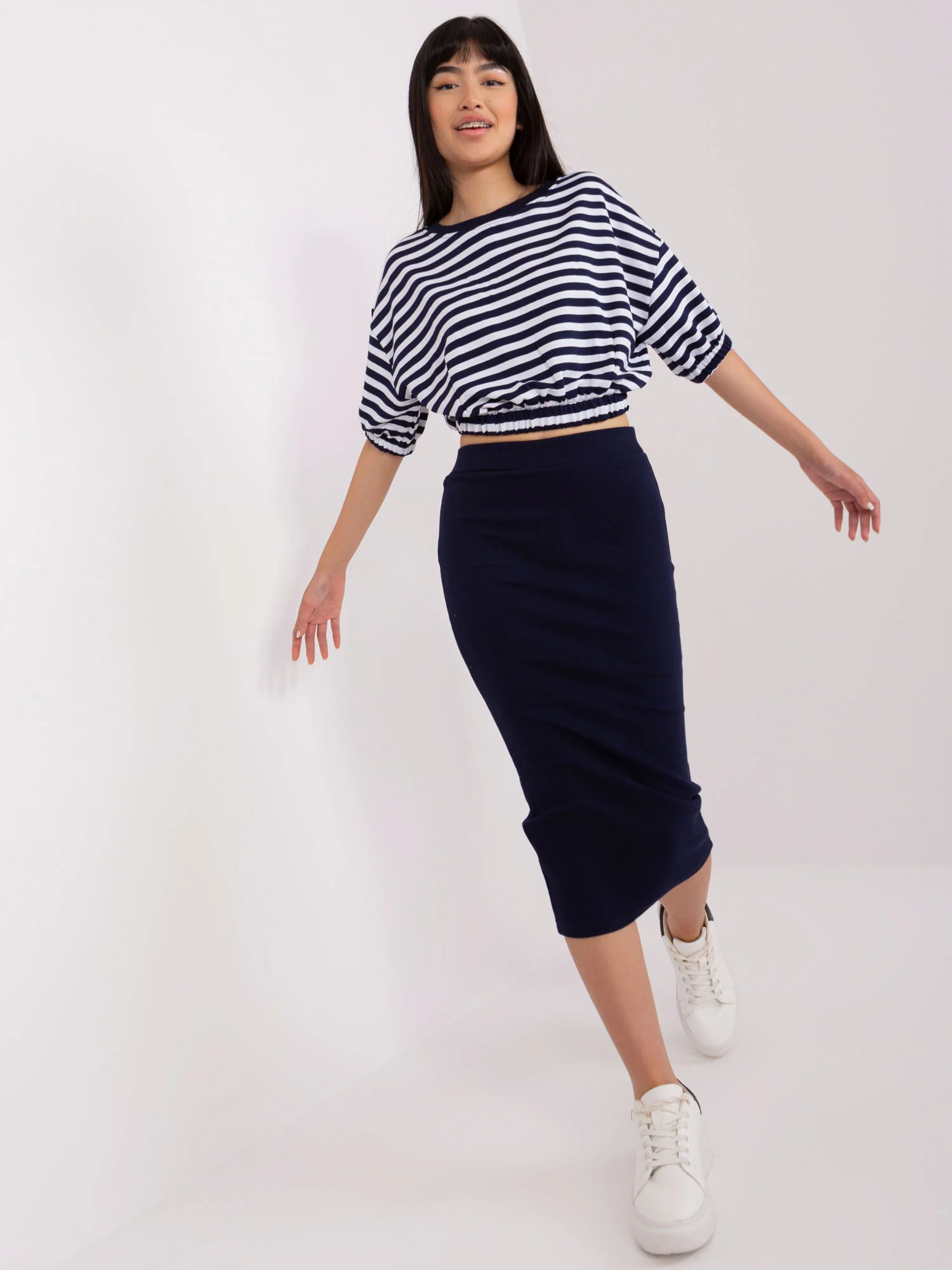 Compleu Dama Midi, Dungi, Lily Rose, Bleumarin Casual - imagine 4