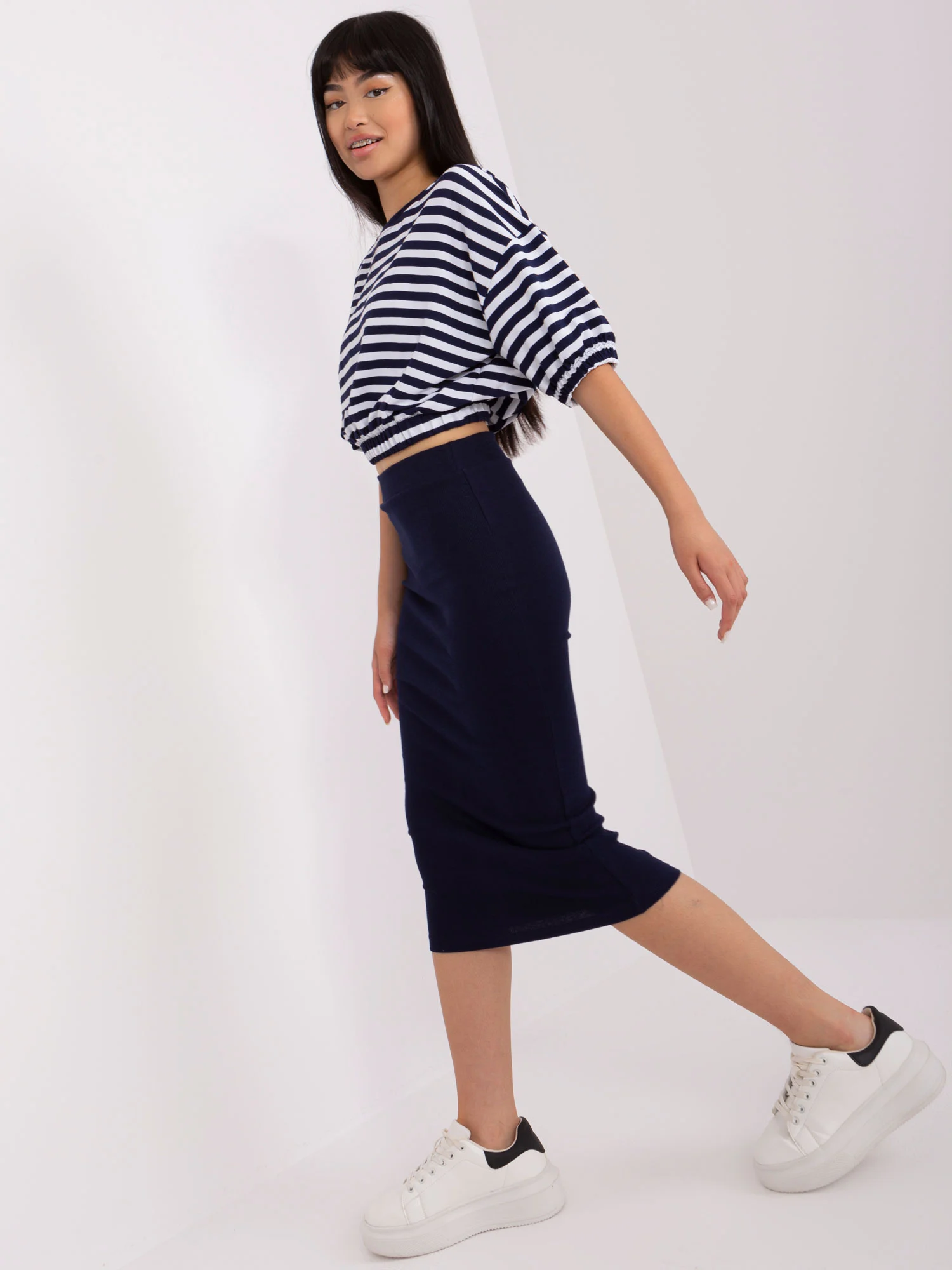 Compleu Dama Midi, Dungi, Lily Rose, Bleumarin Casual - imagine 3