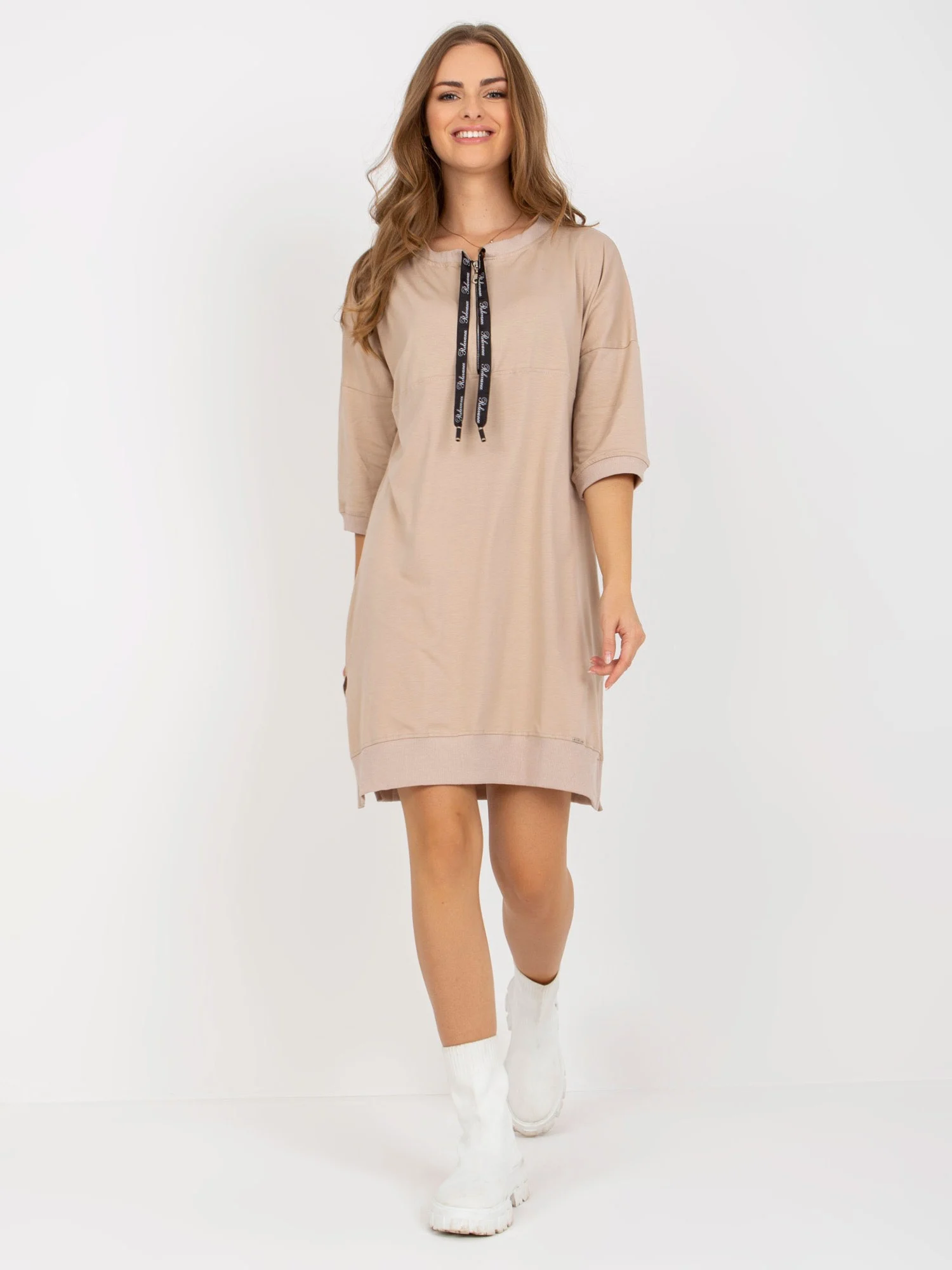 Rochie Dama Maneca 3/4, Decolteu barcuta, RELEVANCE, Bej - Image 6