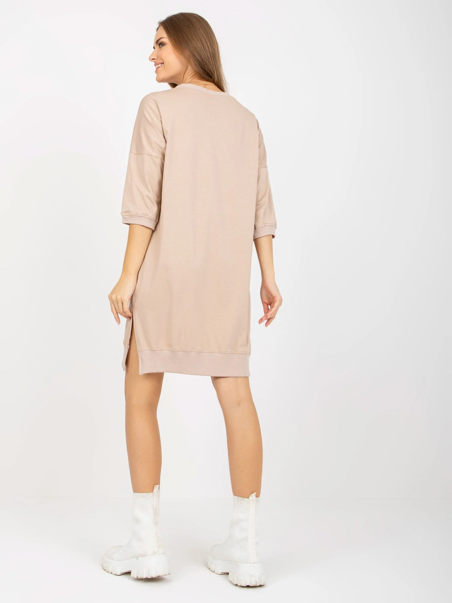 Rochie Dama Maneca 3/4, Decolteu barcuta, RELEVANCE, Bej - Image 4