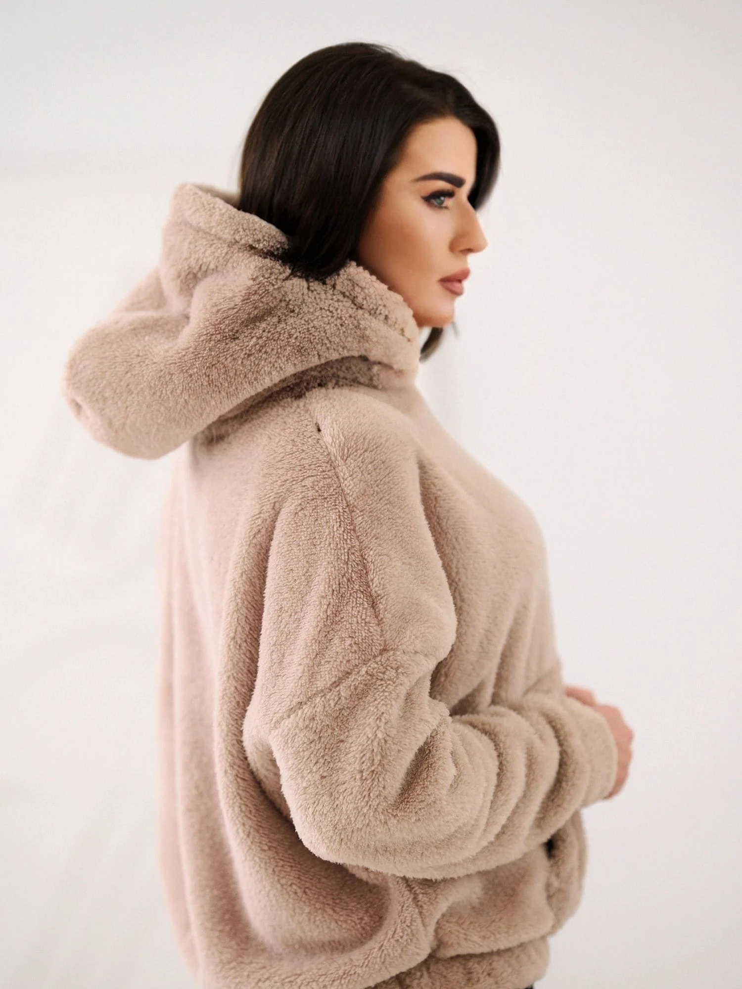 Hanorac Dama Maneca lunga, Decolteu cu gluga, BETIA, Bej Casual - imagine 4