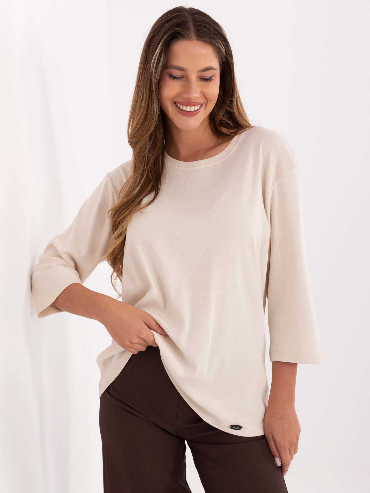 Bluza Dama Maneca 3/4, Decolteu rotund, RELEVANCE, Bej Casual - imagine 2