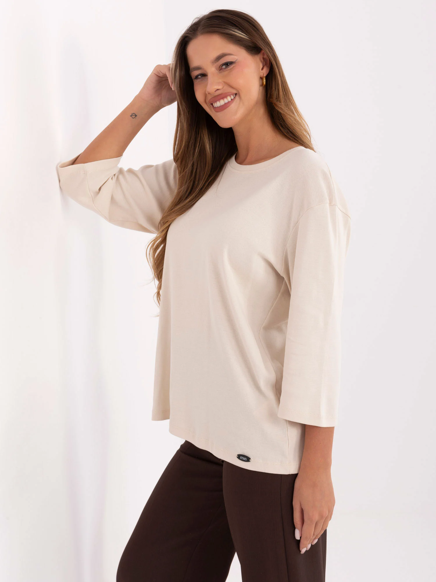 Bluza Dama Maneca 3/4, Decolteu rotund, RELEVANCE, Bej Casual - imagine 5