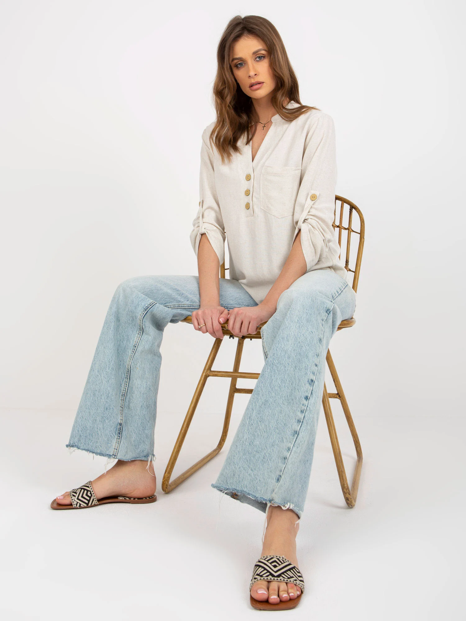 Camasa Dama Maneca lunga, Boho, RUE PARIS, Bej Eleganta Office - imagine 5