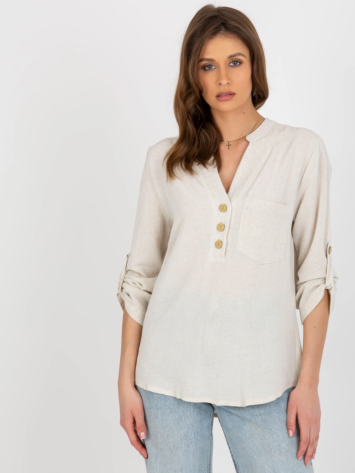 Camasa Dama Maneca lunga, Boho, RUE PARIS, Bej Eleganta Office - imagine 6