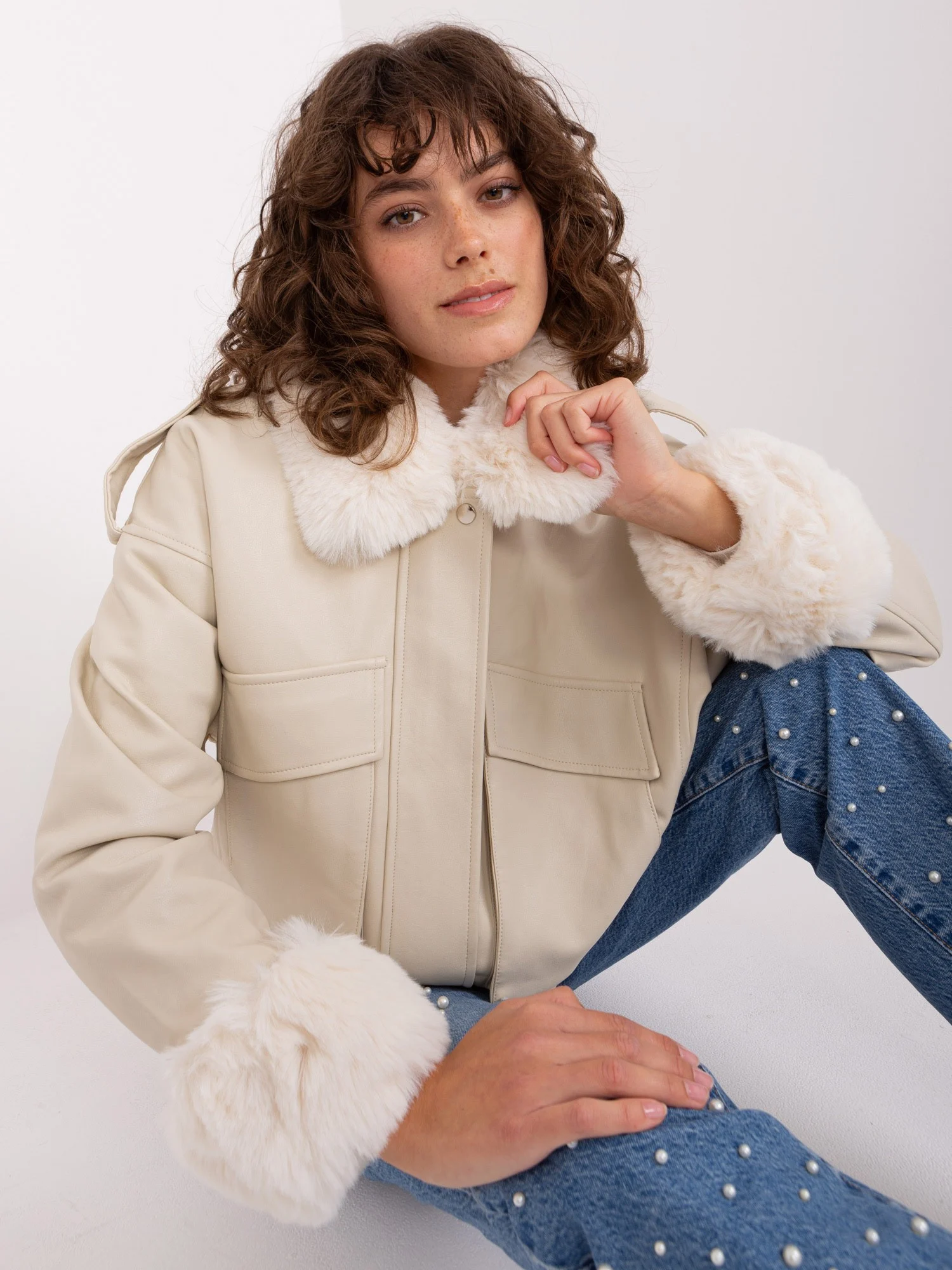 Jacheta Dama Guler inalt, Poliuretan, Vincenove, Bej Casual - imagine 4