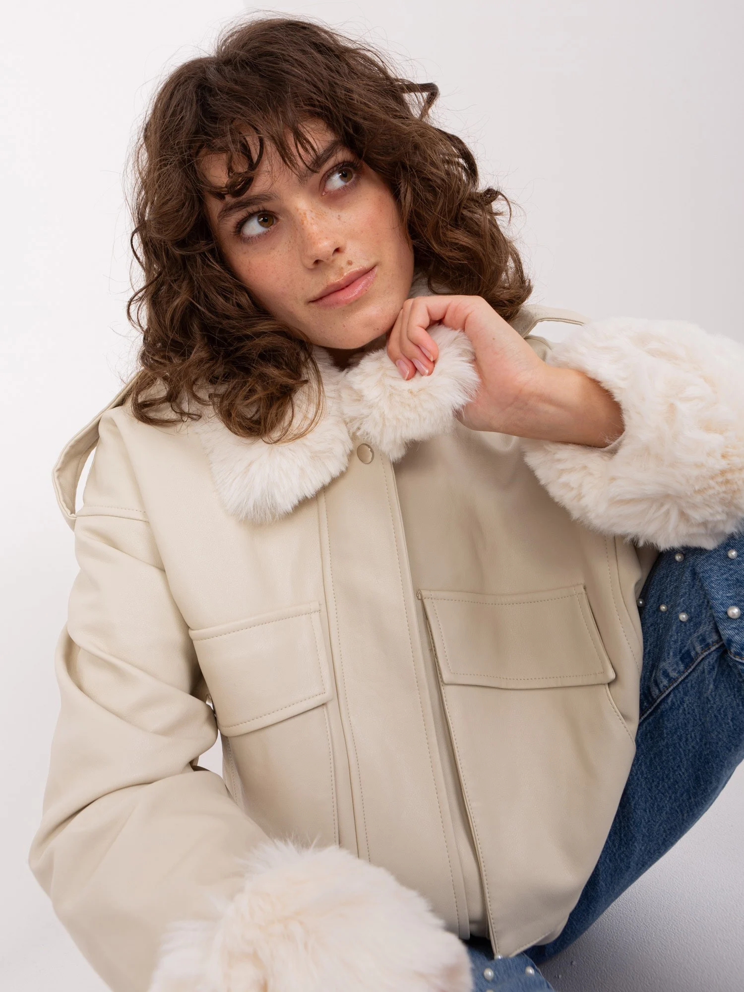 Jacheta Dama Guler inalt, Poliuretan, Vincenove, Bej Casual - imagine 6