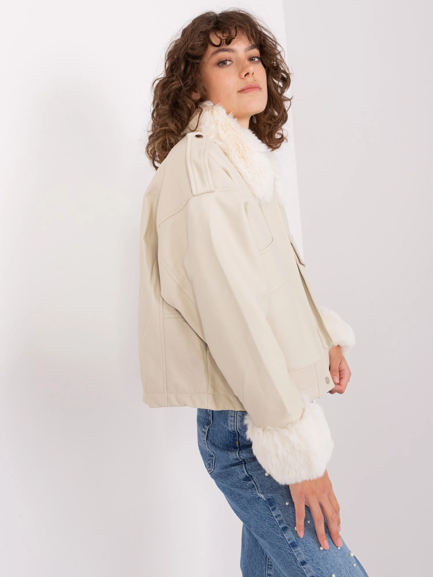 Jacheta Dama Guler inalt, Poliuretan, Vincenove, Bej Casual - imagine 2