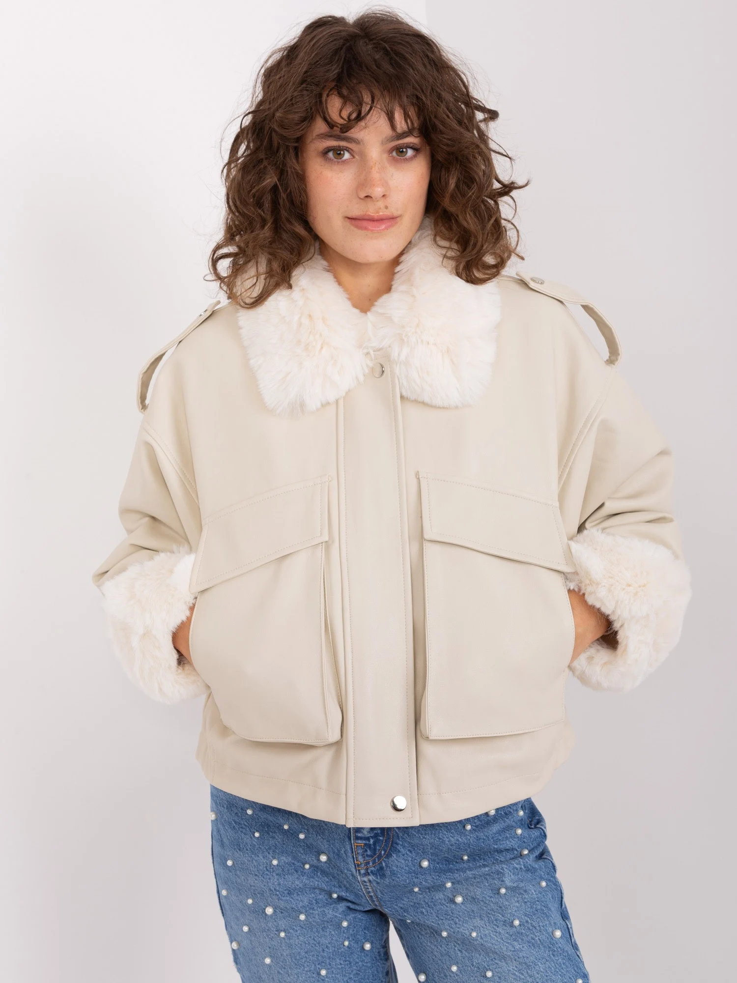 Jacheta Dama Guler inalt, Poliuretan, Vincenove, Bej Casual - imagine 3