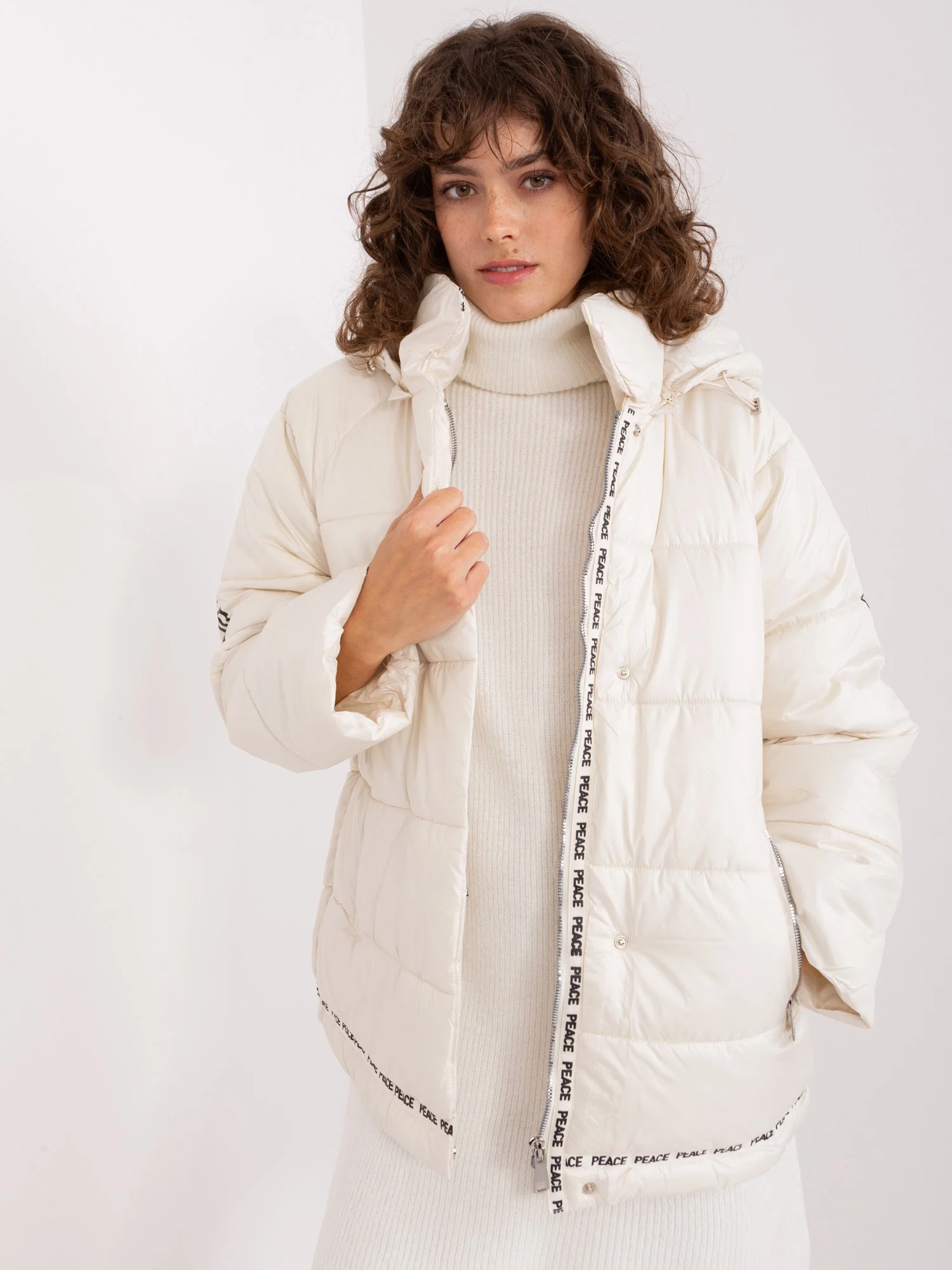 Jacheta Dama Maneca lunga, Guler inalt, Trendy. ING, Bej Casual - imagine 4