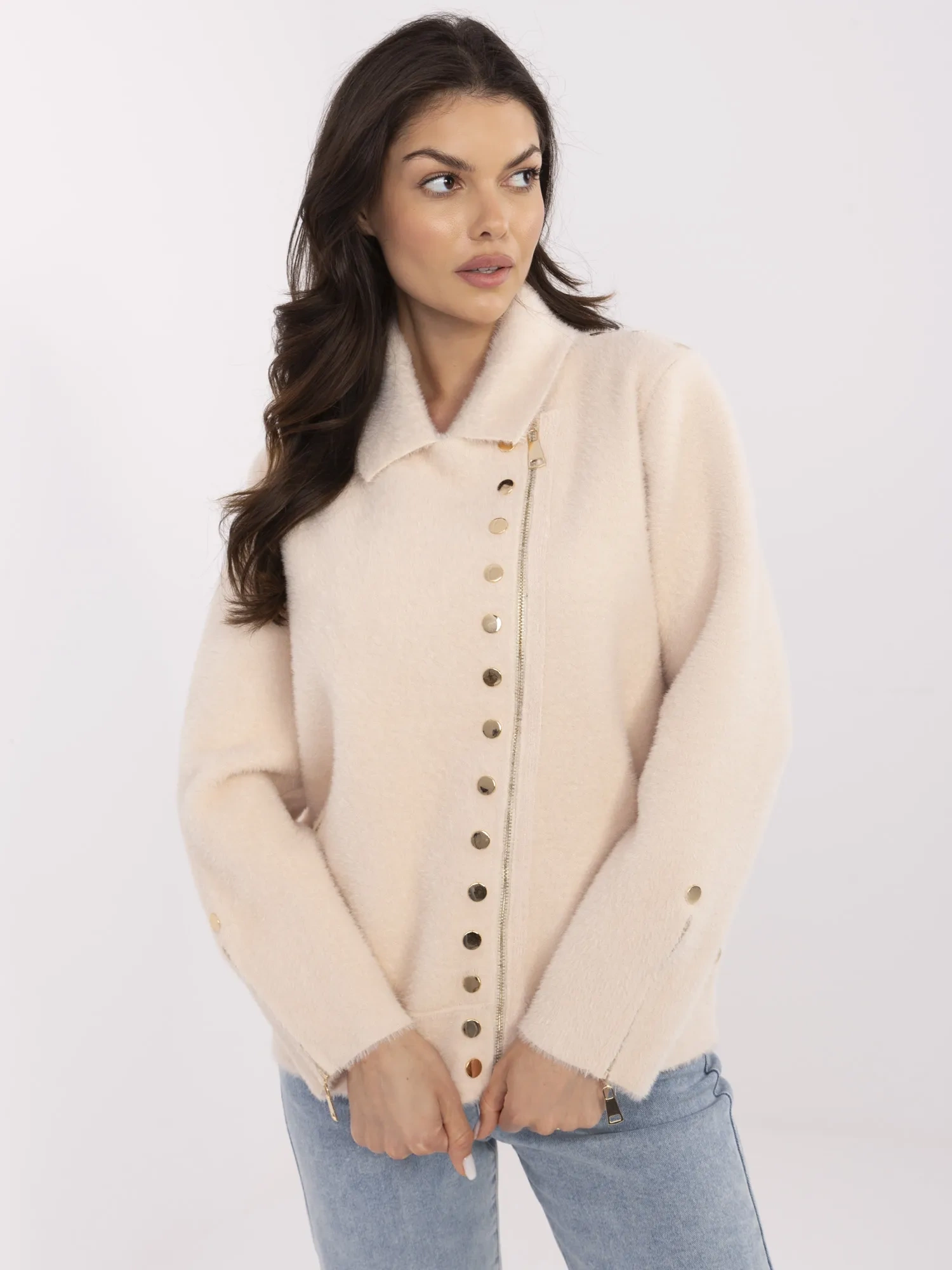 Jacheta Dama Maneca lunga, Guler inalt, Fashion Hunters, Bej Eleganta Office - imagine 5