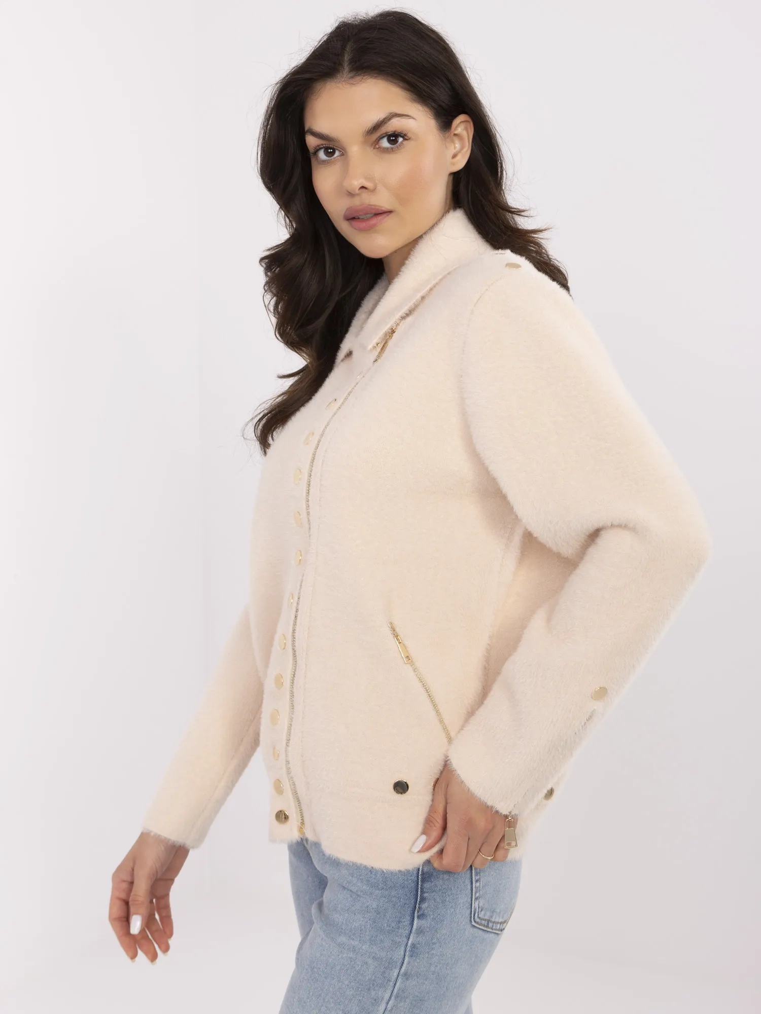 Jacheta Dama Maneca lunga, Guler inalt, Fashion Hunters, Bej Eleganta Office - imagine 2