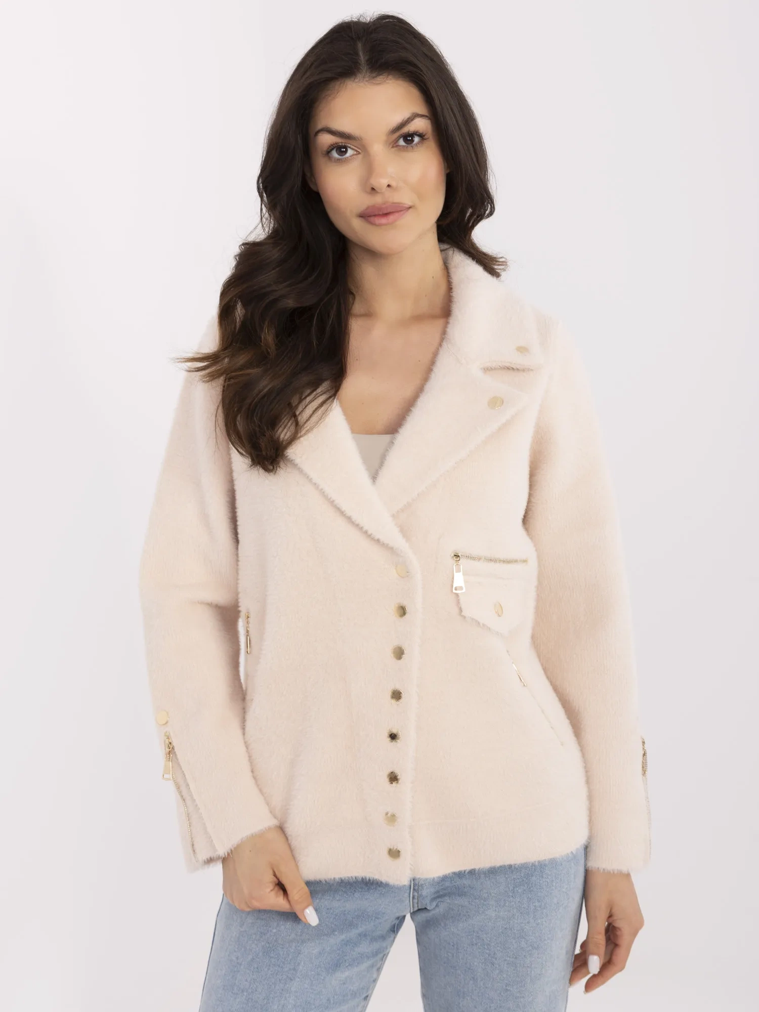 Jacheta Dama Maneca lunga, Guler inalt, Fashion Hunters, Bej Eleganta Office - imagine 4