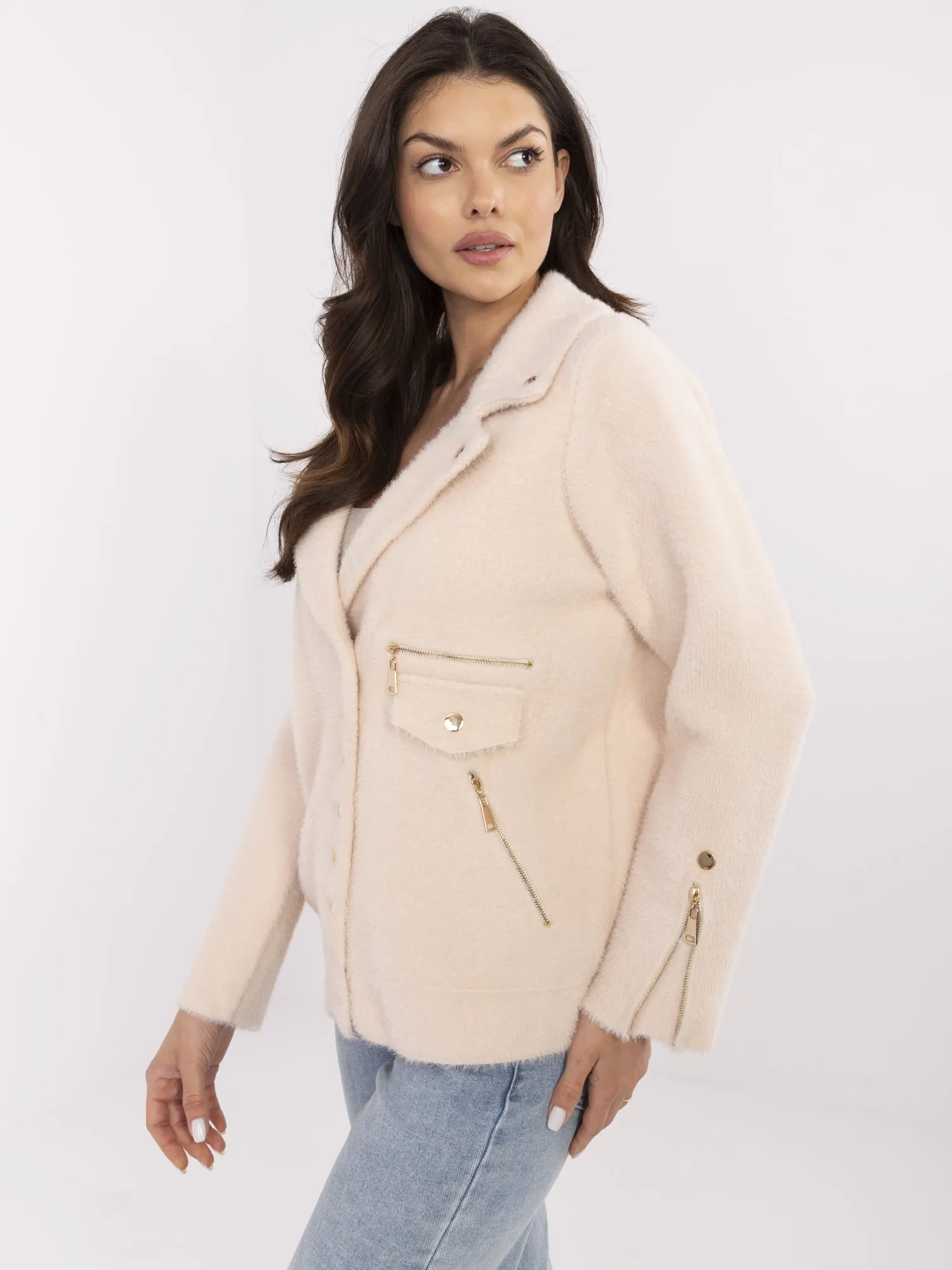 Jacheta Dama Maneca lunga, Guler inalt, Fashion Hunters, Bej Eleganta Office - imagine 2