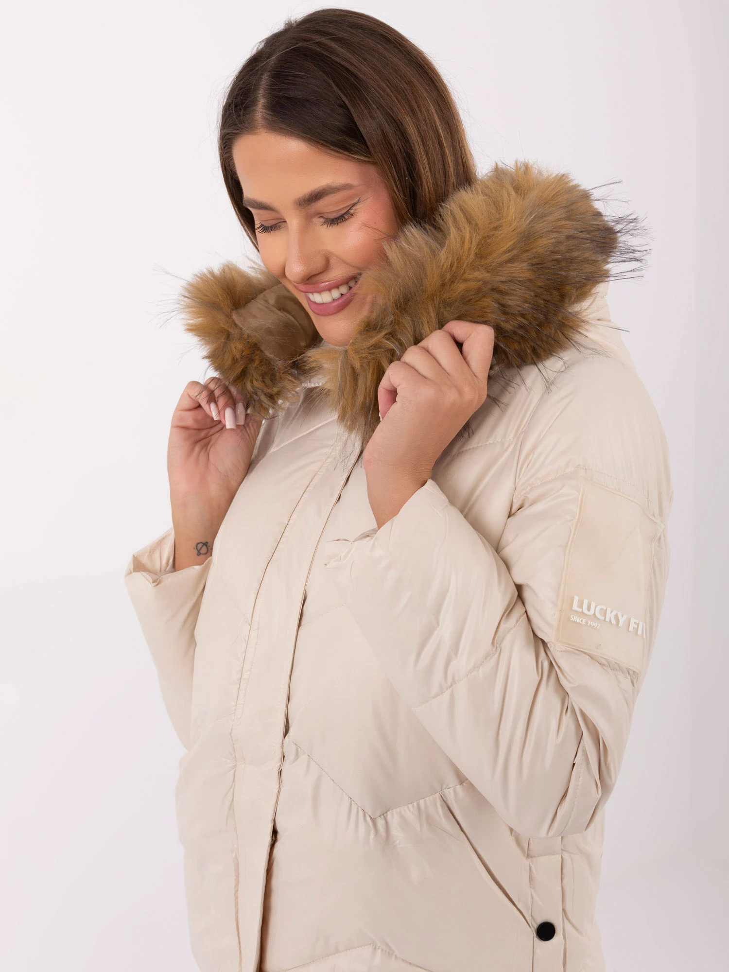Jacheta Dama Maneca lunga, Guler inalt, Snow Moda, Bej Casual Marimi Mari - imagine 6