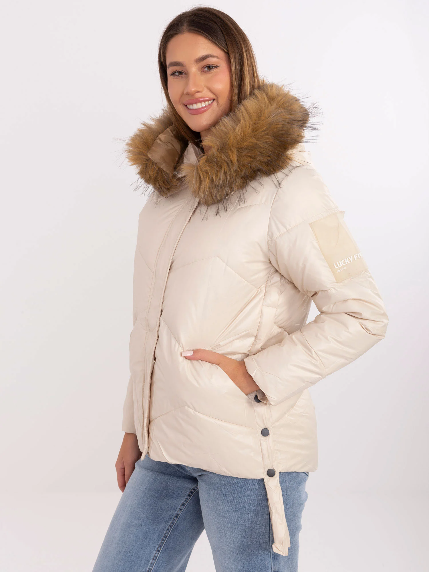 Jacheta Dama Maneca lunga, Guler inalt, Snow Moda, Bej Casual Marimi Mari - imagine 4